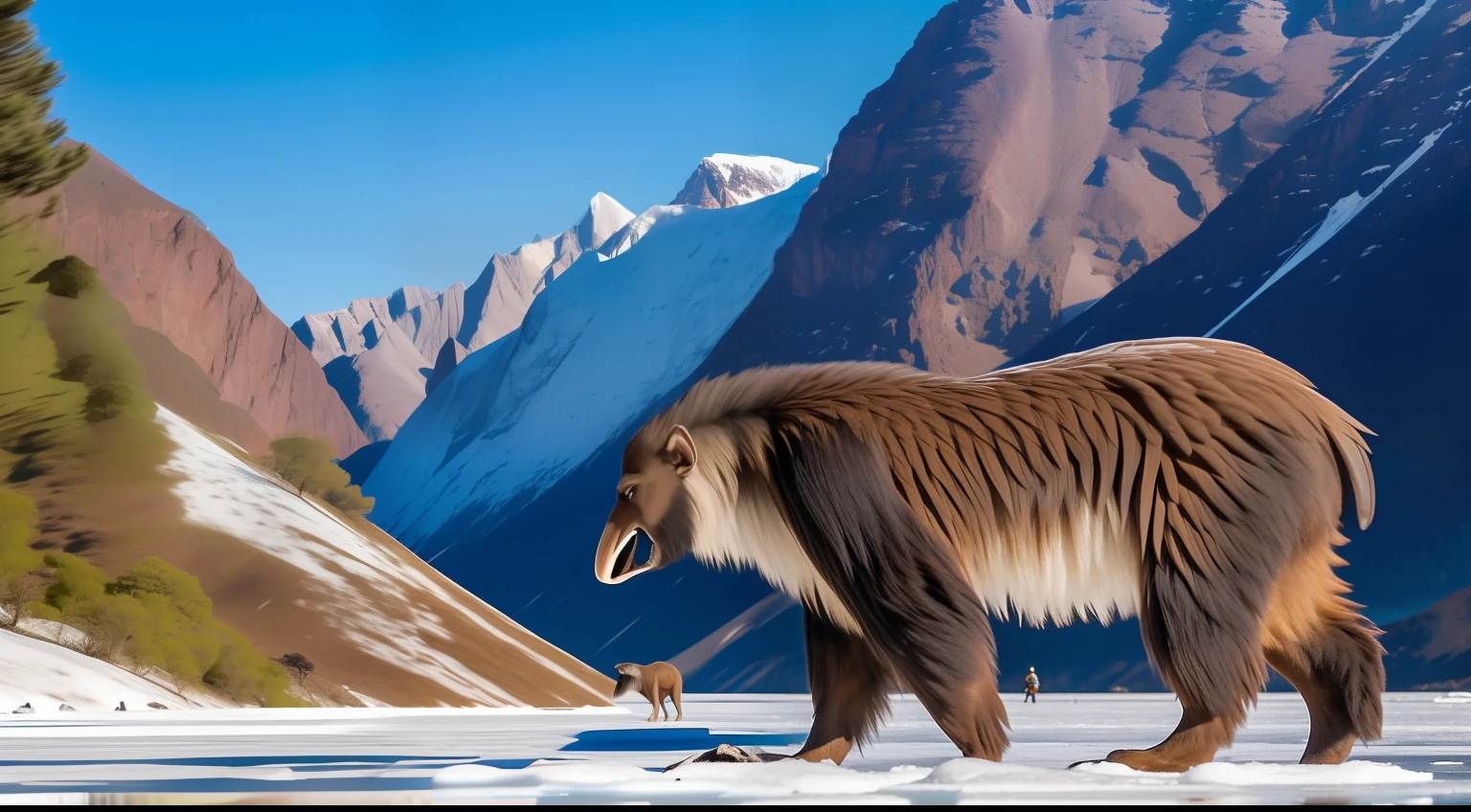 Gigantes de hielo, 8 metros altura, sin rostro, caminando, Frozen lake in the middle of snow-capped mountains, orillas con restos de rocas heladas, luchando con criatura, criatura 15 metros de altura, criatura hecha de lodo y oscuridad, criatura con grandes colmillos y enorme boca, epic scene, Epic fight (calidad superior, la mejor calidad, hiperdetallado)