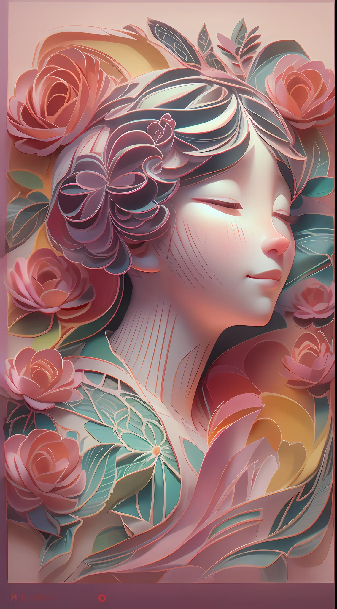 (Illustration: 1.3), paper art, 3D rendering, colorful background, (beautiful side face, close eyes: 1.3), (rose: 1.2) (chrysanthemum: 1.2), colorful, best quality, detailed details, masterpiece, official art, film lighting effect, 4K, chiaroscuro , flash