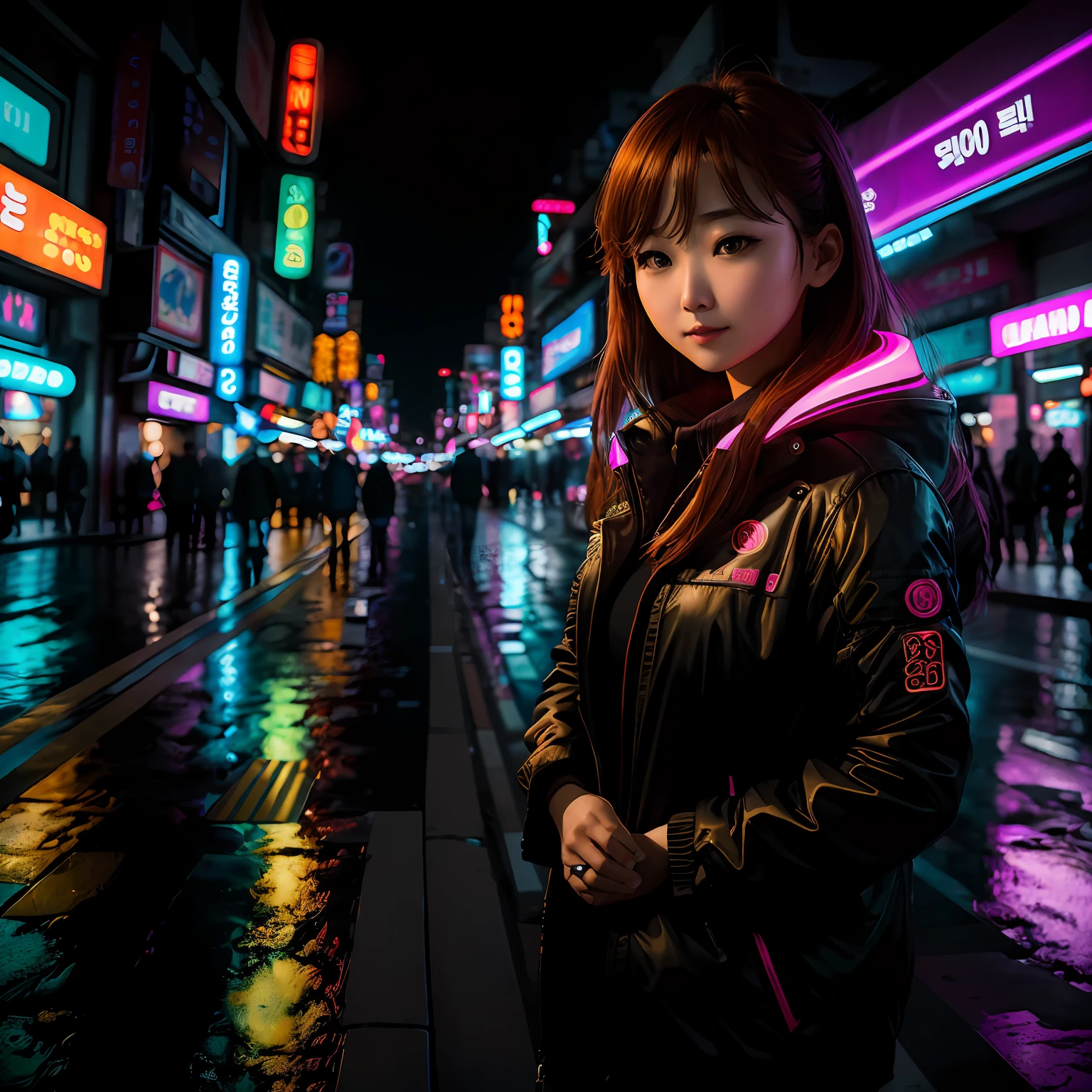 30 year old Park Min-young in night time Seoul, neon, glowing, backlit, photo, Canon EOS 250D, F11, ISO 100, 85mm lens, shutter speed 1/60, photograph --auto
