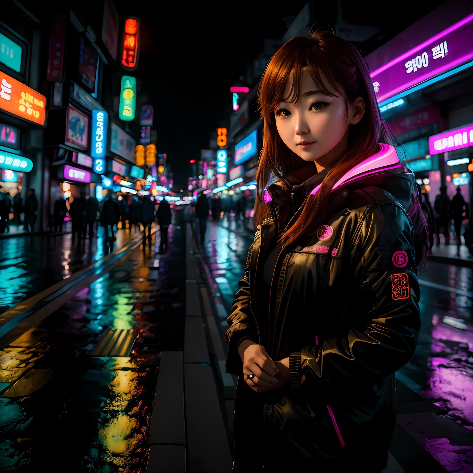 30 year old Park Min-young in night time Seoul, neon, glowing, backlit, photo, Canon EOS 250D, F11, ISO 100, 85mm lens, shutter speed 1/60, photograph --auto