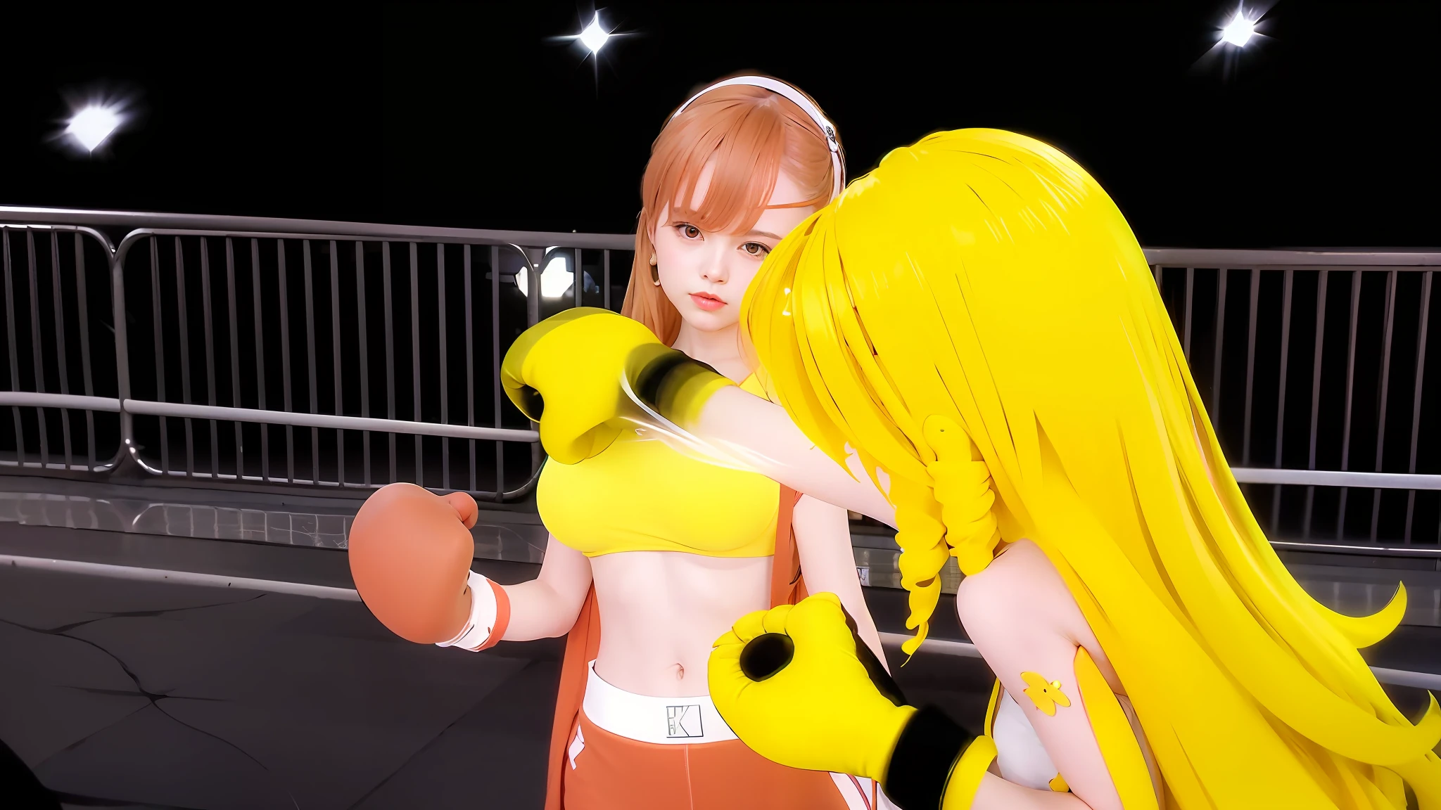 (8k, RAW photo, best quality, masterpiece:1.2), (realistic, photo-realistic:1.37),1girl,cityscape, night, wet, professional lighting, photon mapping, radiosity, Korean Doll,torn , large breasts, white dress, boxing