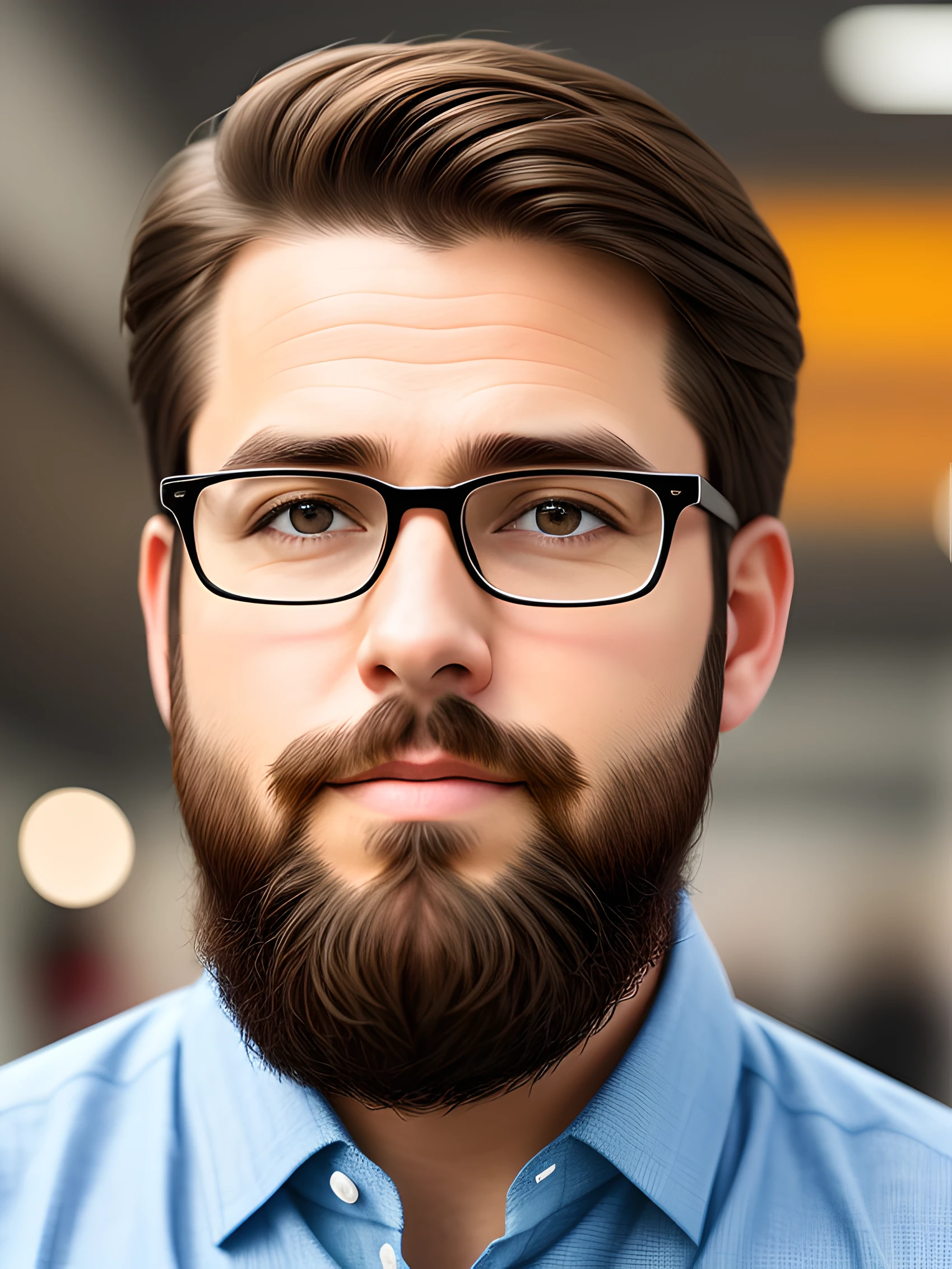 brown hair beard man with glasses from far on the shopping with son, hd, realistic 8k