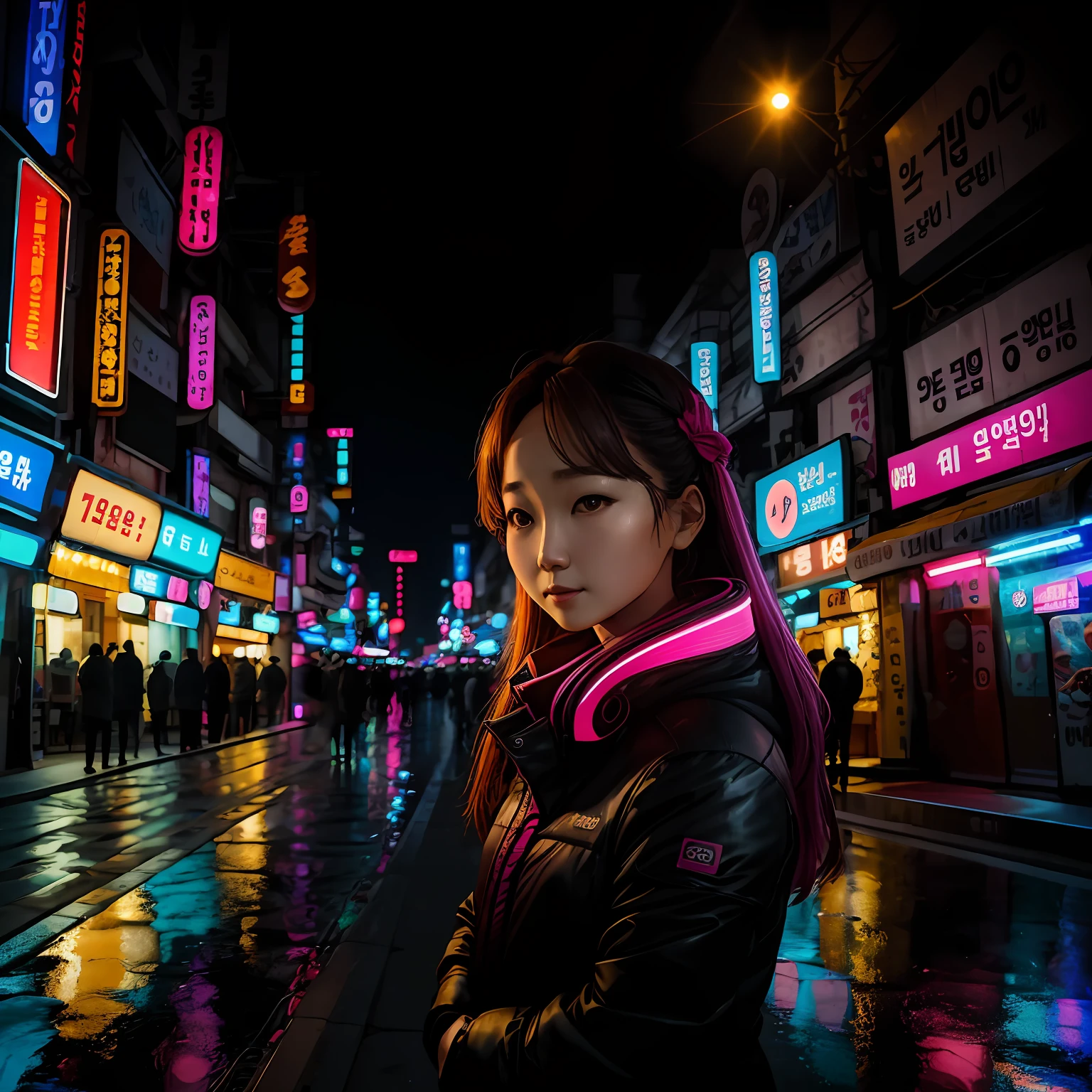 30 year old Park Min-young in night time Seoul, neon, glowing, backlit, photo, Canon EOS 250D, F11, ISO 100, 85mm lens, shutter speed 1/60, photograph --auto