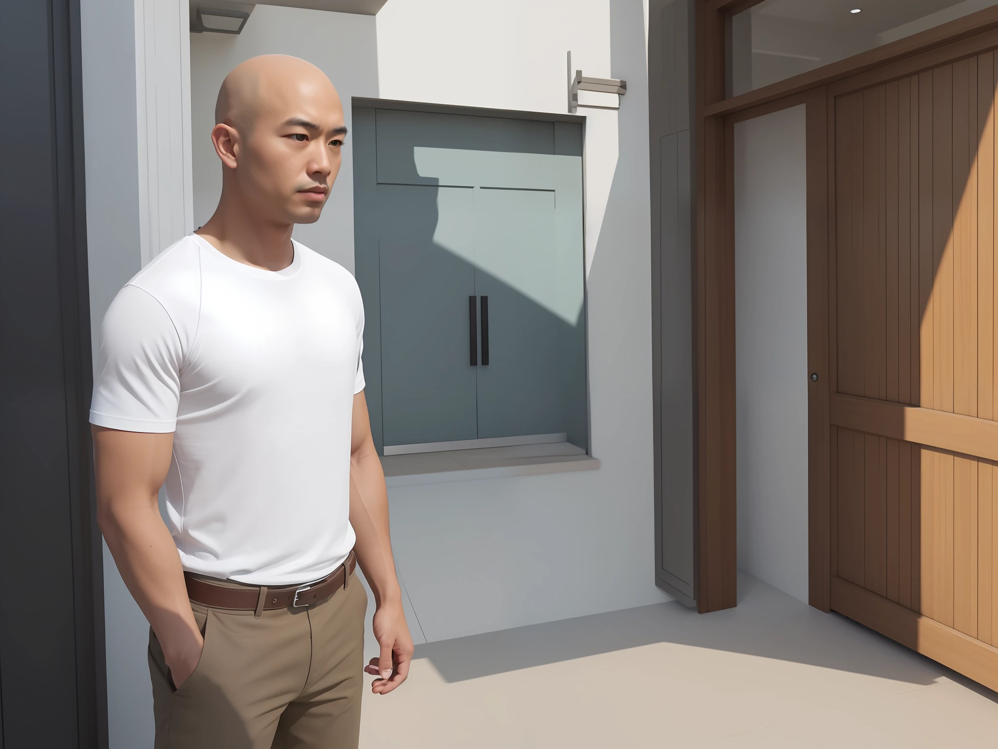 Add a bald man,Standing in front the door,asian male,short sleeve T-shirts,sandals,Trousers,Wig shop,The is facing the screen,CG style,8K
