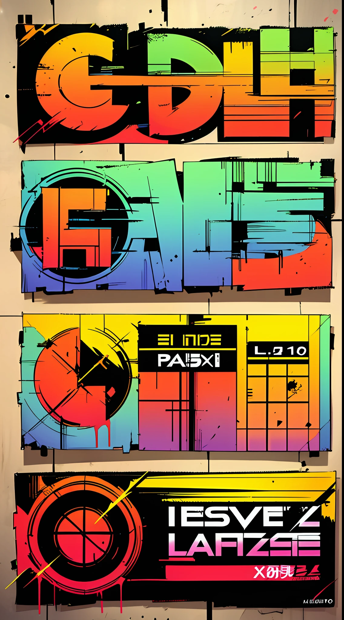 formato sticker alto colante, Misto-idioma_Texto, letras japonesas em graffit destaque, formas tribal abstrata