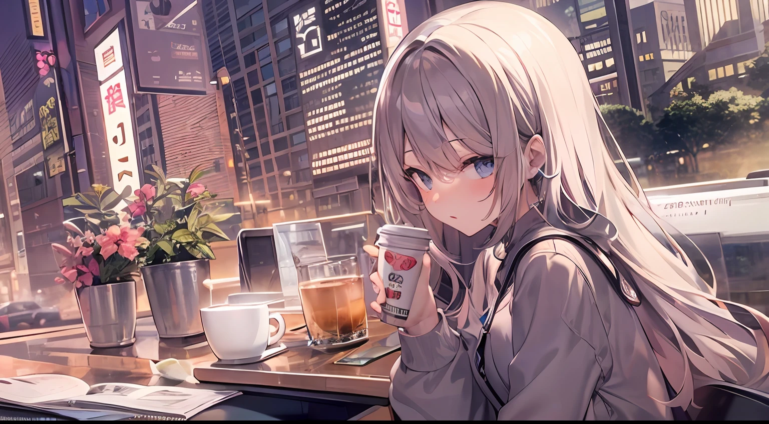 ((best qualtiy)), ((tmasterpiece)), (A detailed:1.4),((full bodyesbian)),Enhanced dynamic perspective,beautiful sexy girl,夏天,Denim long skirt,Sitting in a street coffee shop,drinking a coffee,kawa,(Lunette de soleil),Come to me,(Future sci-fi city street,Egg-shaped building),((Lateral face)),Street photography,Bright colors,nighttime scene,high qulity,super-fine,Detailed pubic hair,Accurate,Cinematic lighting,