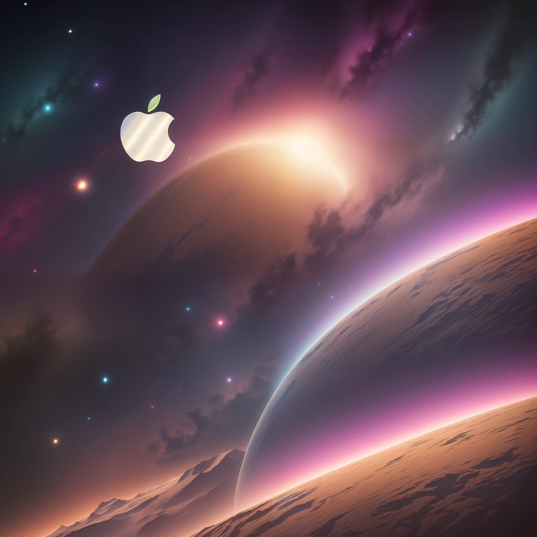 There is an image of an Apple logo on a space background, fantasy space, papel de parede bonito do iphone, paper awesome wallpaper, inspirado por Mike "bipe" Winkelmann, Obra-prima bipe, space sky, surreal space, papel de parede do iphone, fantastic space, arte do bipe, bipe!!, cores do bipe, epic beautiful space scifi