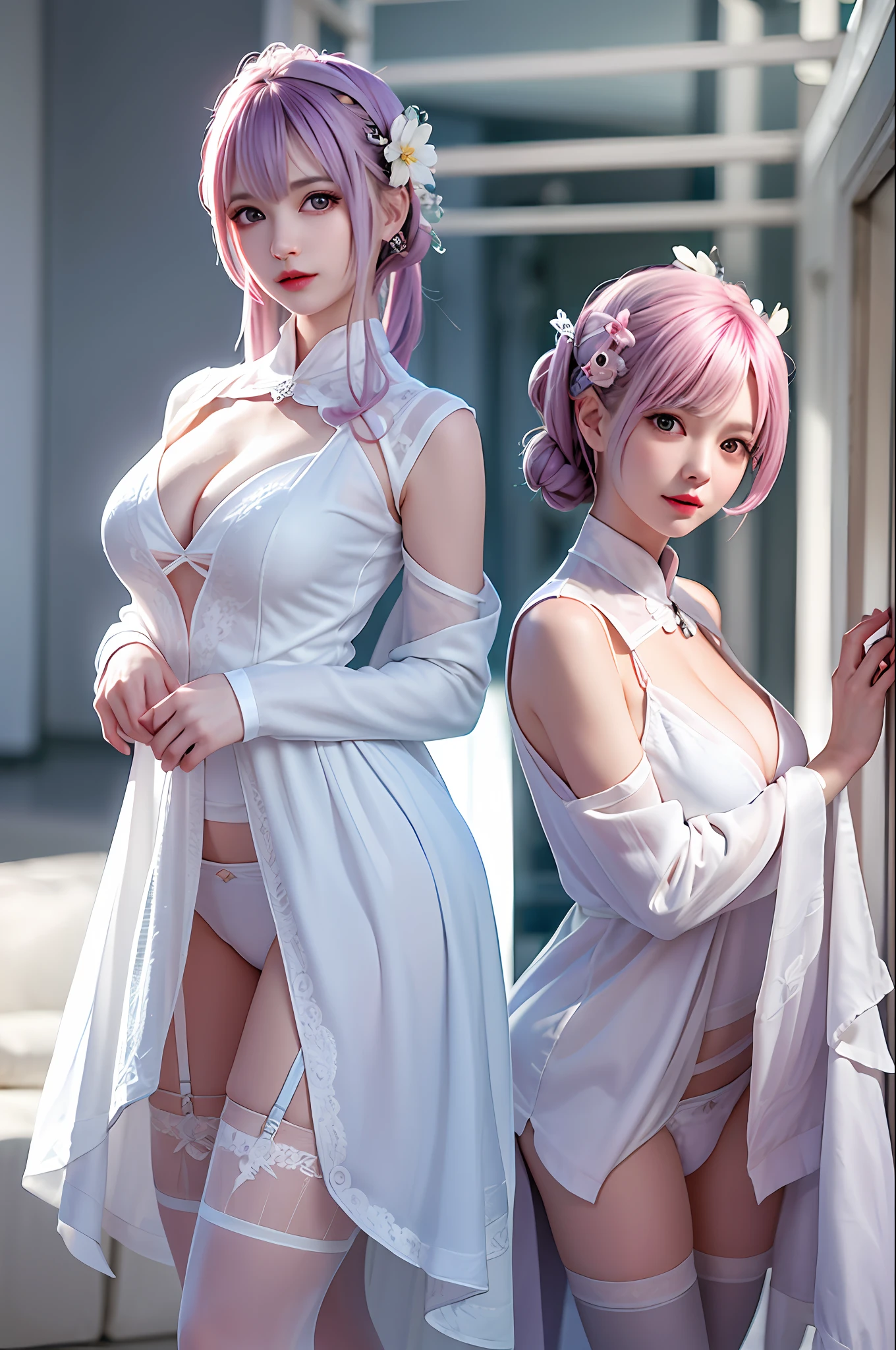 (best qualityer、Exquisite:1.2)、超高分辨率、realisticlying、forward light、The details are complex、Exquisite details、The texture is exquisite、1 mature mature girl(rosette)、Alone、、、、(年轻、、Absolutely lovely、)、face highlight、plumw、A detailed face、white skinned、Pink and blue hair、looki at viewer、largeeyes、Silk robe、(hollow pattern、white colors、、silkouette)、耳Nipple Ring、Bigchest、slimfigure、Deluxe Room、Professional lighting、photon maping、Radio City、physically-based renderingt、((Pull up the skirt、Lift the hem of the skirt to reveal white lace panties))Suspender stockings,full bodyesbian