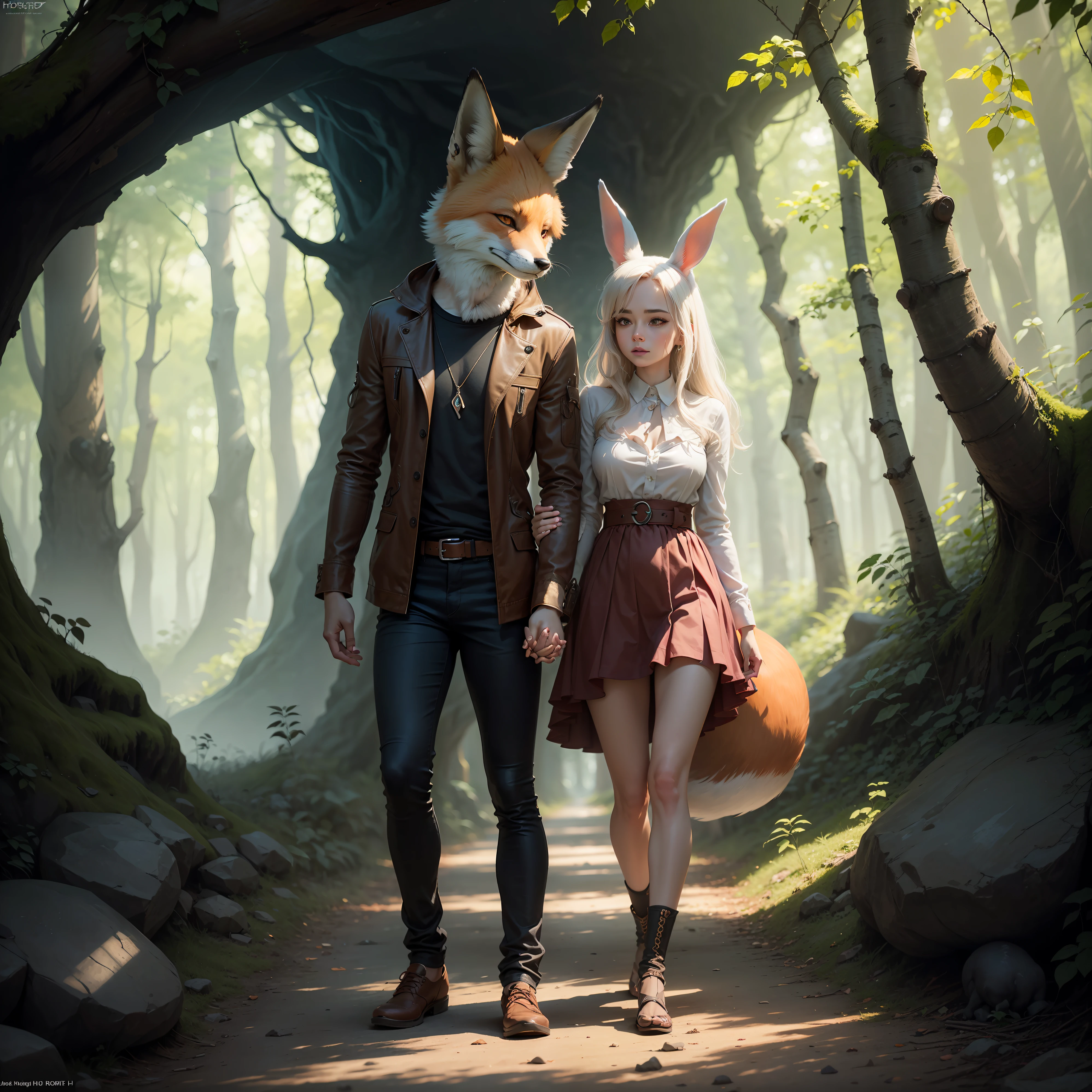 "An enchanting realism masterpiece capturing the mischievous male fox holding hands with the oblivious young beautiful female rabbit, as they make their way towards a dark cave in an enchanted forest. HD quality with stunning anime-style details."
