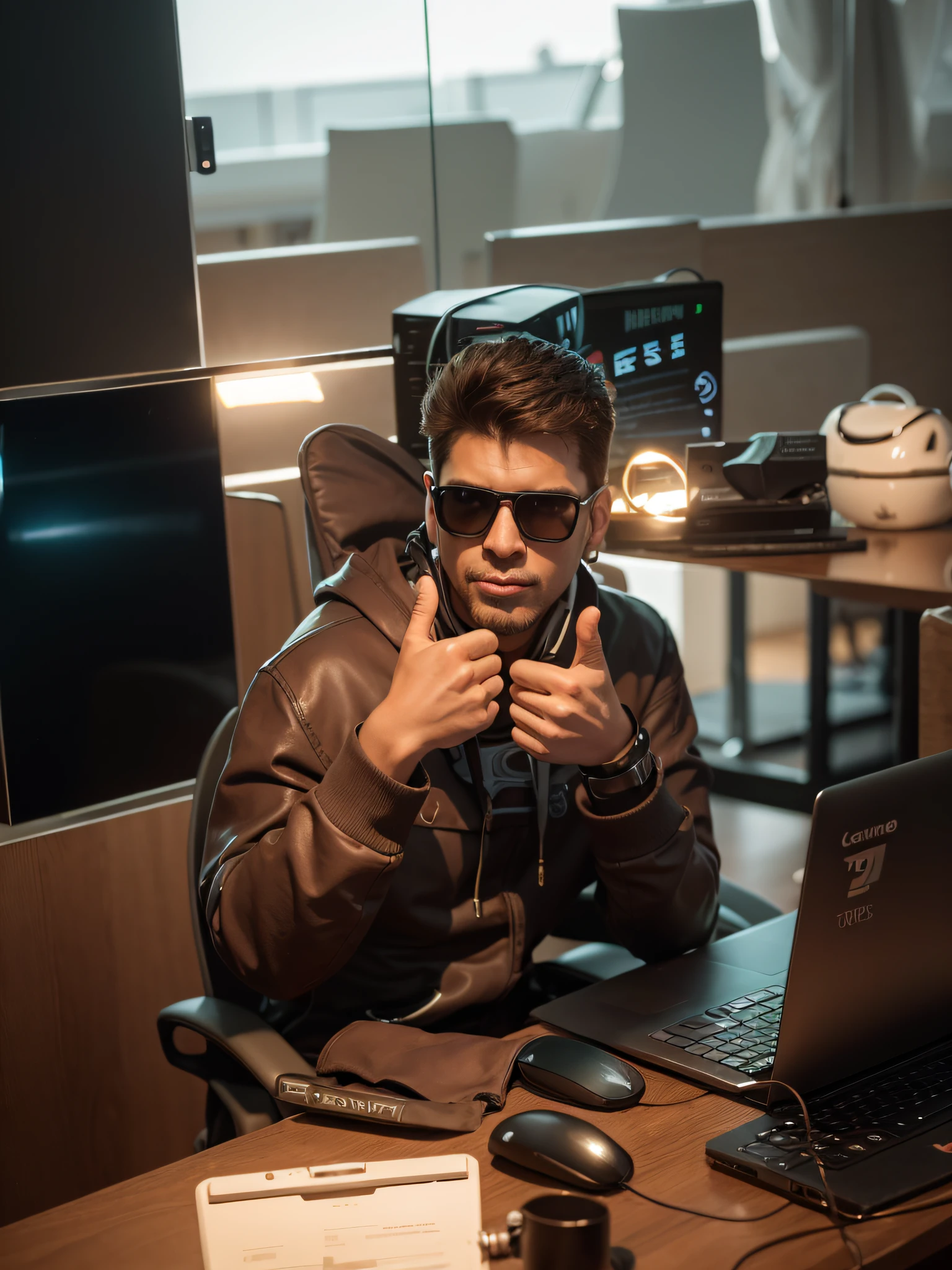 There's a man sitting at a desk with a laptop and a cell phone, at office, sentado em sua mesa, sentado no cargo, com bigode, in office, com uma pose cool, dando os polegares para cima, cara fria, ele usa um tapa-olho, Pose legal, giving a thumbs up to the camera, foto de perfil 1024px