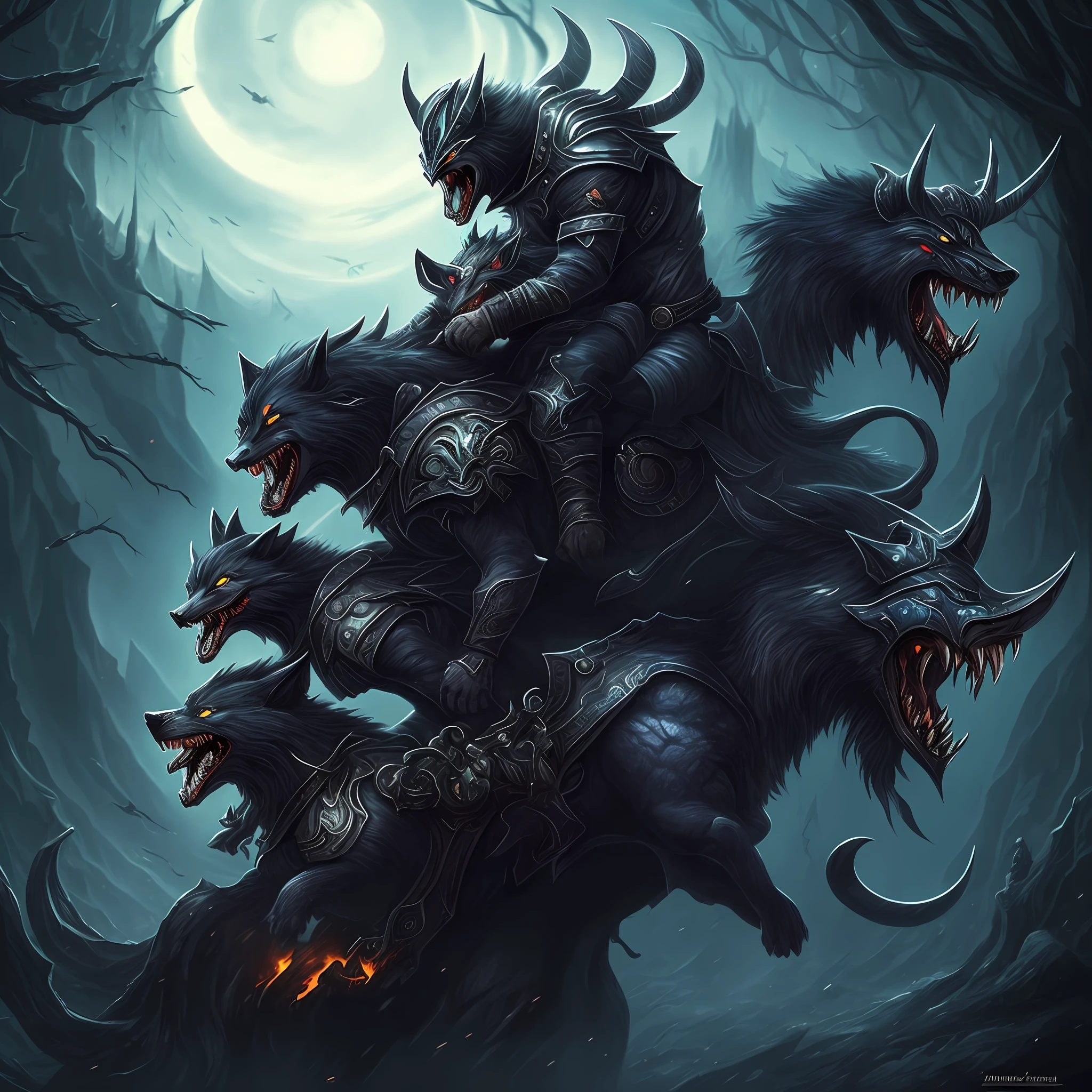 A demon riding a dark wolf, commander, war, fantasy, hell, realisti, alliance, Battle --auto
