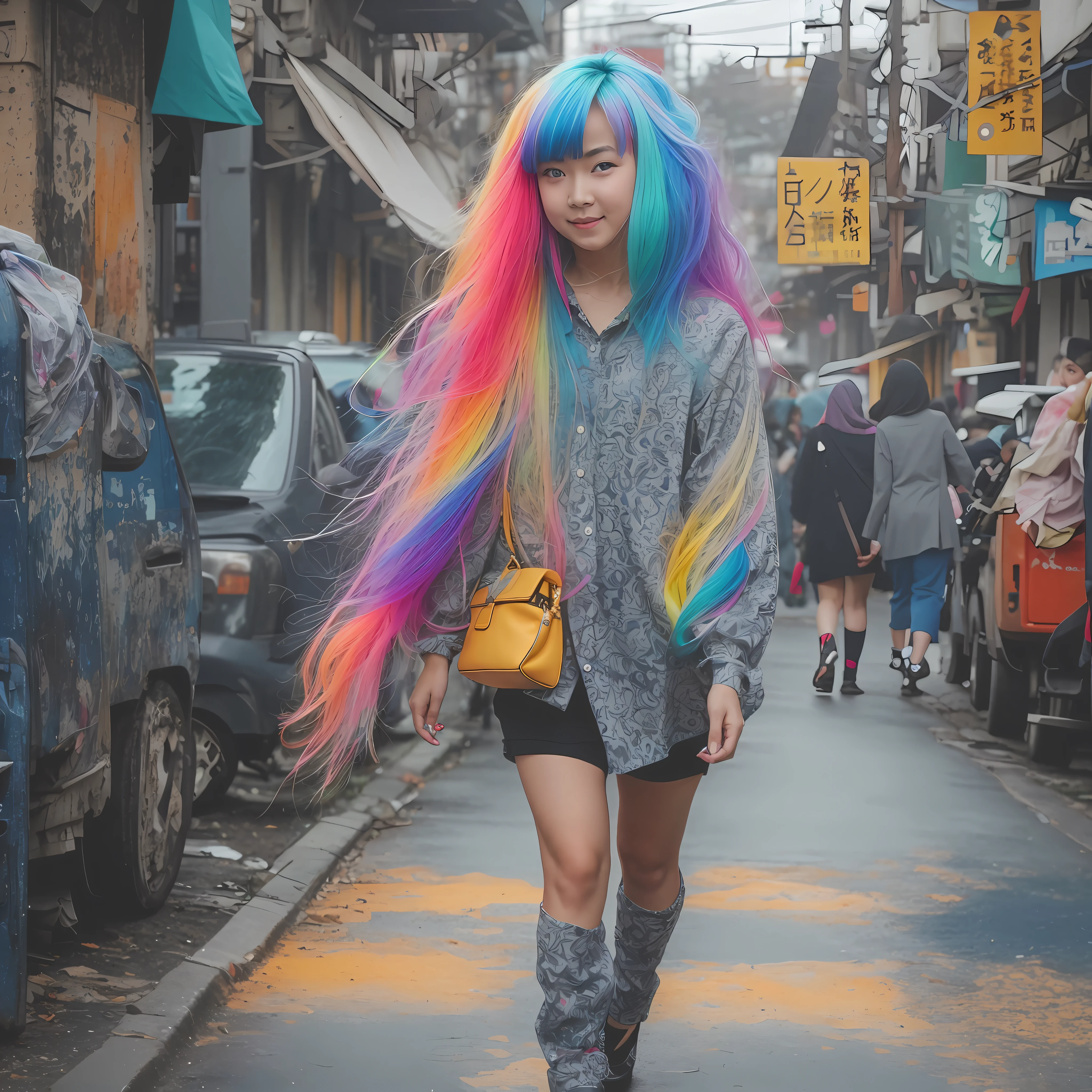 blue eyes girl, people walking on the back, colorful cloths, smile, gorgeous face. model body
