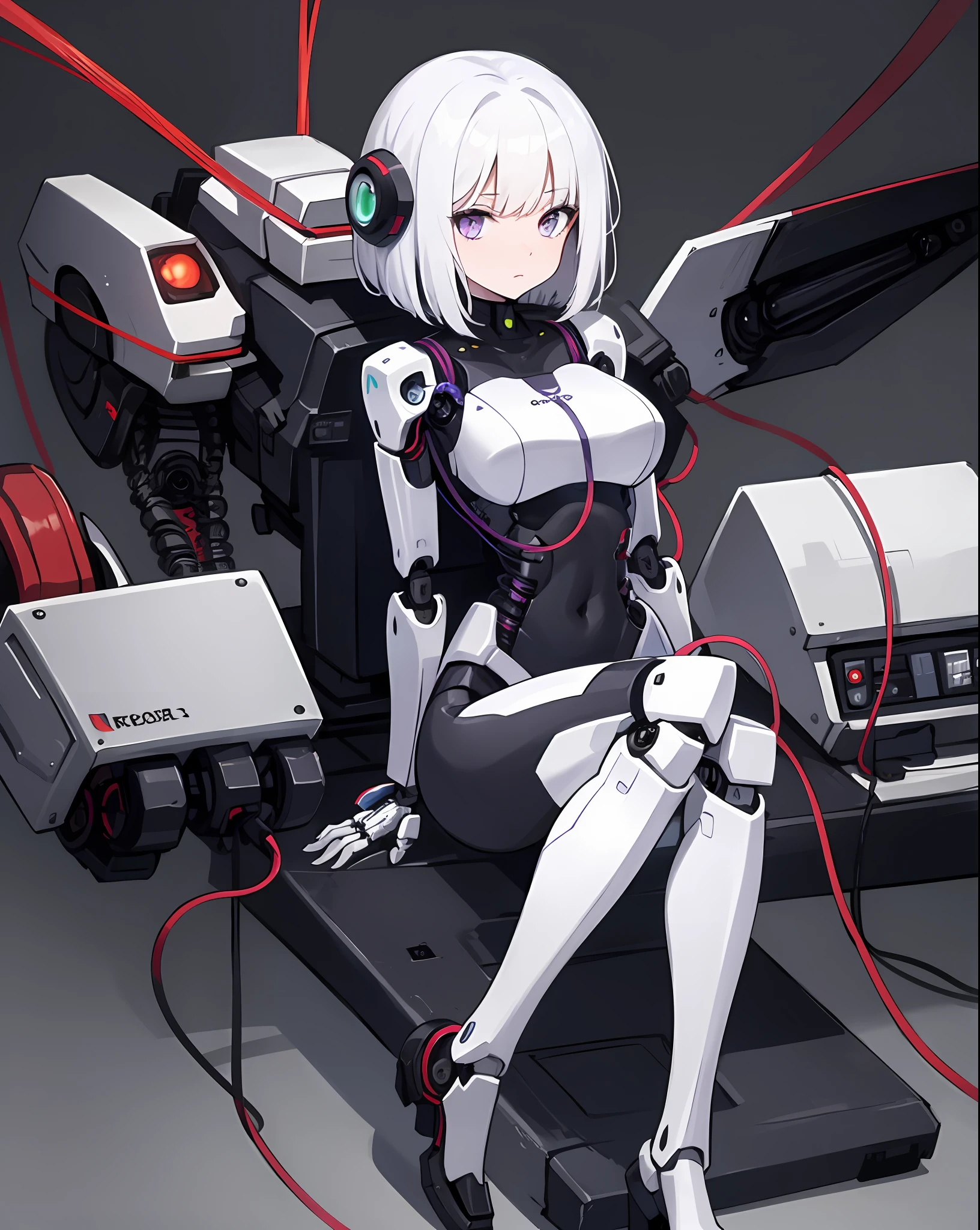 1girl, beautiful face, pale skin, white hair, bob cut, wavy hair, purple eyes, robotic body, full body, sitting, wires, robotic legs, robotics arms, robotic body, robotic hands, futiristic, robotic, mechanical, armored, sitting, expressionless face, damaged robotic body, black_robotic_body, alone, (wires), straight leg, mecha, milk breasts, mecha musume,