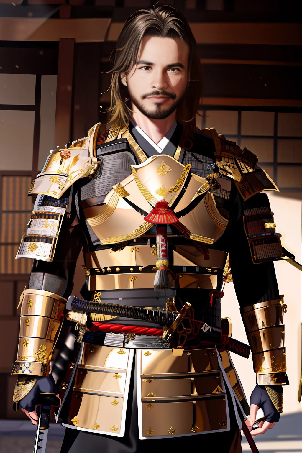 a close up of a man in a gold armor holding a sword, dressed in samurai armour, wearing samurai armor, wearing kimono armor, samurai armor, cyber japan samurai armor, wearing gold armor, clothed in old samurai uniform, samurai outfit, wearing kimono armour, brass colored armor coat, masamune, brass armor, japanese warrior, gold heavy armor. dramatic