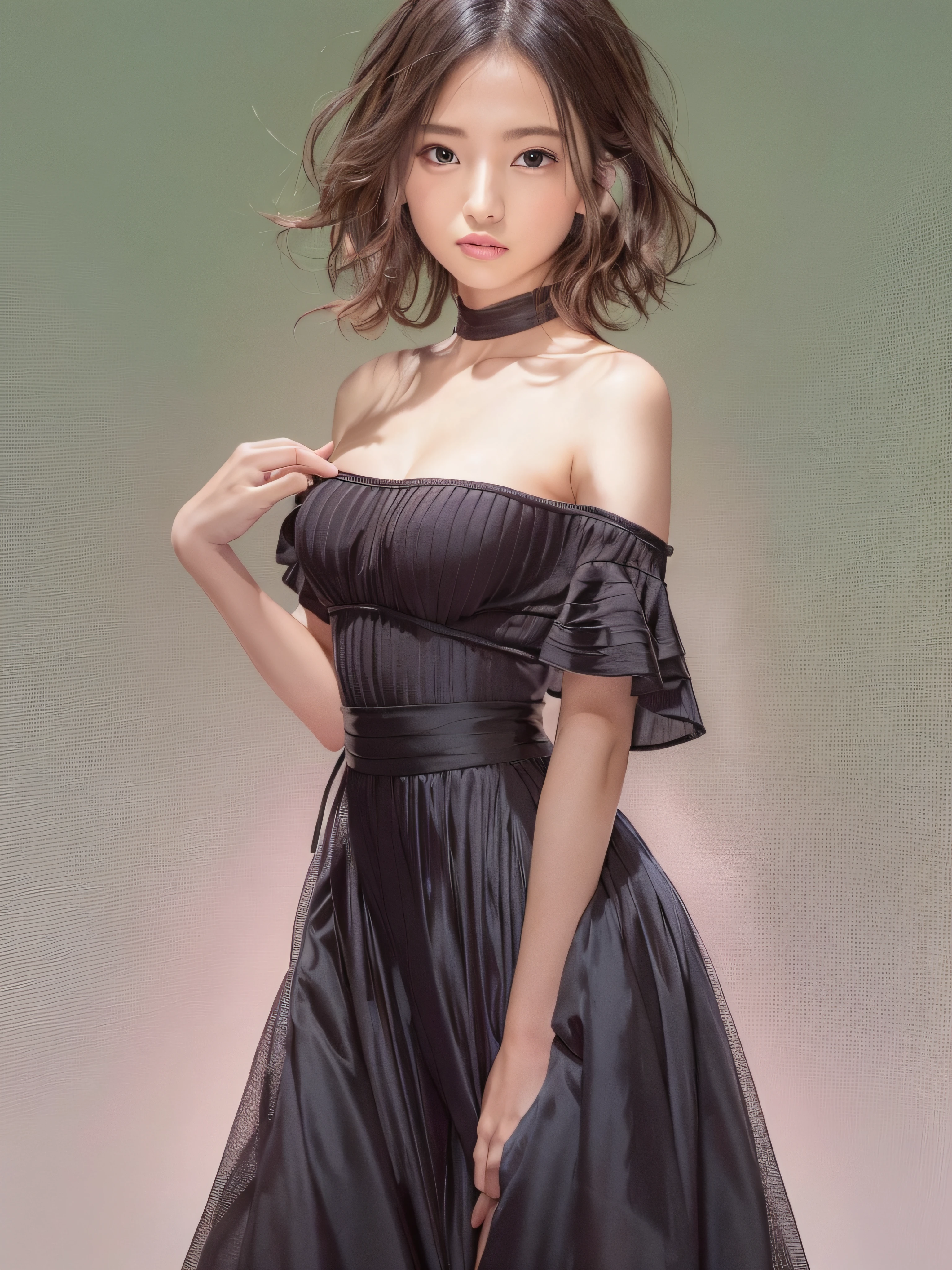 (Photorealistic), (Ultra High Realistic), (Ultra High Definition), (Ultra High Detailed), (Increase the contrast:1.5), (Increase the Saturation:1.9), (1Girl), Beautiful face, Cute face, Face Slimming, Japanese young girl, semi long curly hair, (light Brown hair), ((Slimmer)), ((Waist Slimming)), ((Small Buttocks:1.5)), ((Slimmer Legs:1.5)), (small Breasts:1.3), (Cleavage:0.8), (perfectly shaped ), (small and Beautiful ), ((sexy dress)), (Off -shoulder), (((on the fashion show runway))), movie lighting,