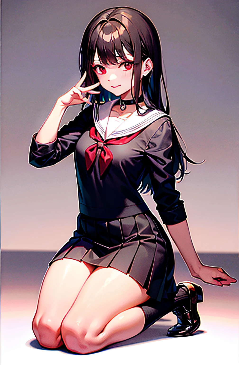 best quality, ultra high res, maximum quality, 1girl, school uniform, black skirt, black choker, cute, (aegyo sal:1), (black hair:1), ((puffy eyes)), looking at viewer, full body, facing front, bright red eyes, in school