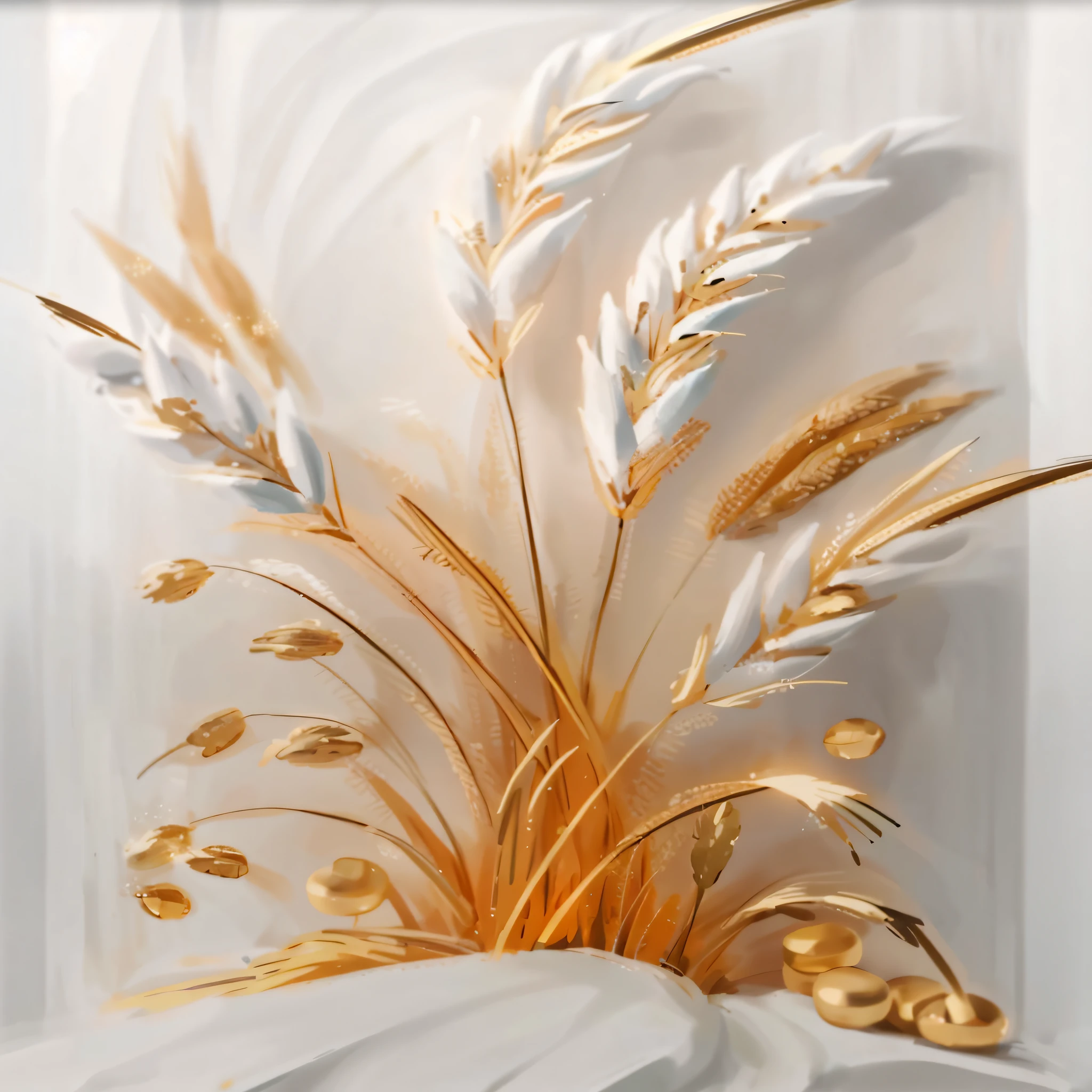 There is a paper sculpture of a bunch of wheat on a table, flores de ouro, branco e dourado, gold decoration, ouro e branco, arte da folha de ouro, toques de folha de ouro, tons de ouro exibir naturalmente, Flores douradas, flores em flocos de ouro, flores e ouro, branco com detalhes dourados, esquema de cores branco e dourado, pintura em folha de ouro, toque de folha de ouro --auto