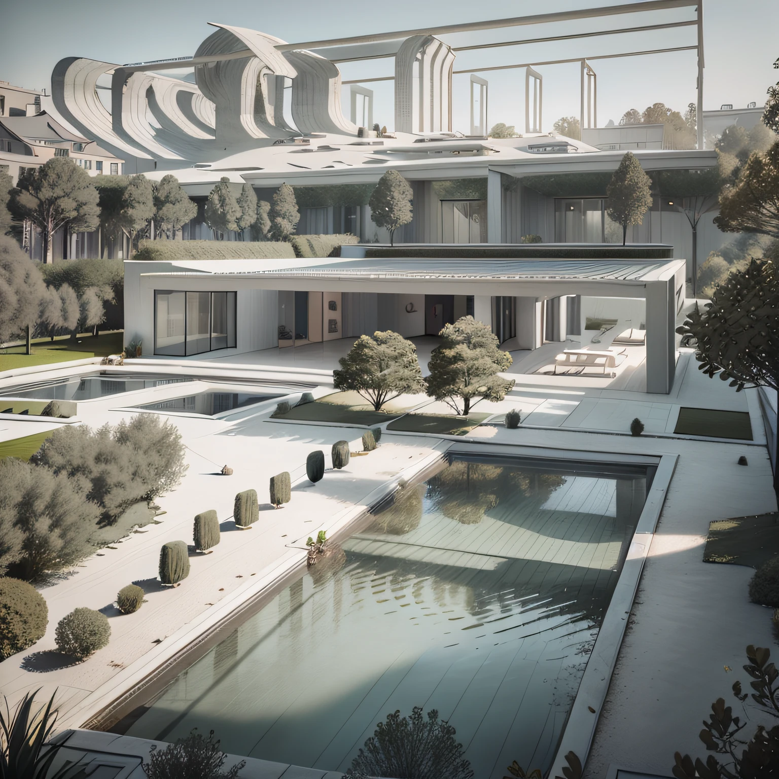 Organic modern architecture on a fairly large plot, from , there is a swimming pool in the middle of a large house of a flower, color of the house in chocolate brown and black beams, large modern residence, flat roofs and garden, render luxcore, render oktane, a photorealistic rendering, architectural rendering, mantra rendering, architectural rendering, realistic rendering, architectural visualization, wellness pool, Architectural visualization, large green zones, with small zones of lavender flowers, green shrubs type lush green garden, as well as small water mirrors, swimming pool embedded in an area of sand, olive and pine trees around the house, paddle court next to the house