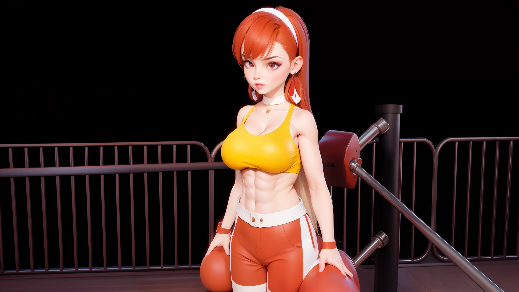 masterpiece, best quality,3d rending work ,3DMM style,close-up, 3D,1girl, solo, black hair, teardropshaped earrings, realistic, upper body, (beach, sunset sky background), bangs, long straight black hair, parted lips, choker, makeup, (red bikini:1.3), red eyes, tifa lockhart, (huge breasts:1.5) enormous droopy breasts, macromastia, cleavage, exposed stomach, toned abs, toned arms,