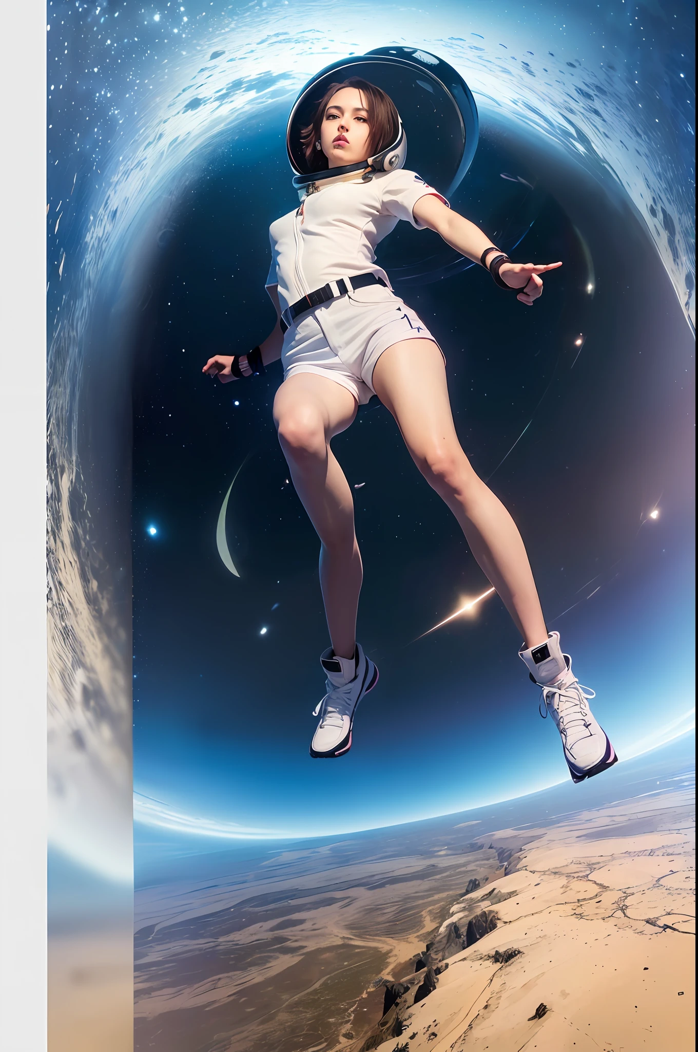 (8k, RAW photo, best quality, masterpiece:1.2), (realistic, photo-realistic:1.37), (1girl, in the air), full body, deep depth of space, universe background, Mysterious planet,(white shirt, white shorts),1 planet,((Astronaut helmet,reflective))