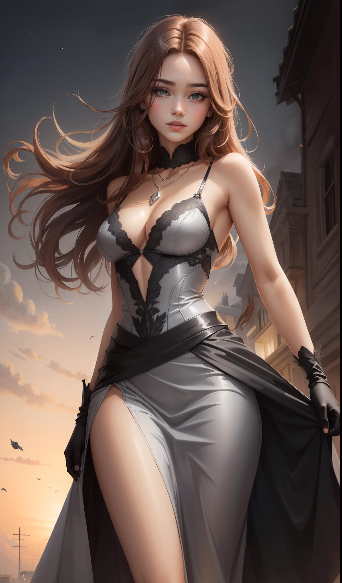 a woman in a long elegant silky gray dress, elbow length gloves, diamond necklace, cute face, black heels, 17 years old, adult face, long hair, ((dark auburn hair)), gleaming detailed grey eyes, medium breast size