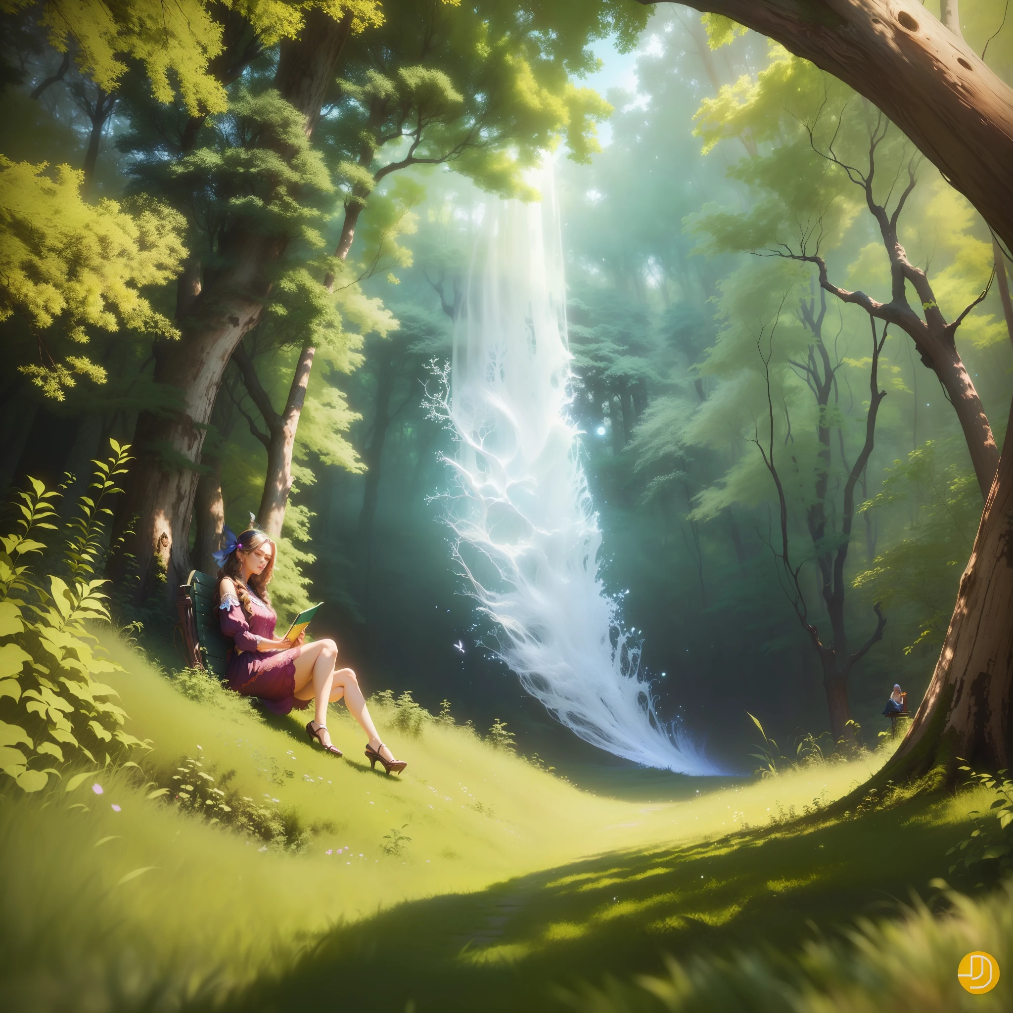 There is a woman sitting on a bench in the middle of a forest, bela arte digital, arte digital muito bonita, 3 d epic illustrations, a beautiful artwork illustration, bela arte digital, Arte digital alucinante, Beautiful digital illustration, arte digital detalhada bonito, bela arte conceitual 3D, pintura digital bonita, stunning digital illustration, lindo arte digital, arte conceitual relaxante