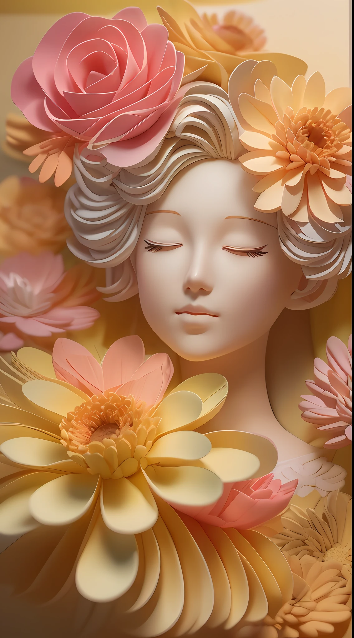 (illustration: 1.3), paper art, 3D rendering of, Colorful background, (Beautiful side face, closing her eyes: 1.3), (Rose: 1.2) (chrysanthemums: 1.2), Colorful, Best quality, Detailed details, Masterpiece, offcial art, movie light effect, 4K, Chiaroscuro , Flash