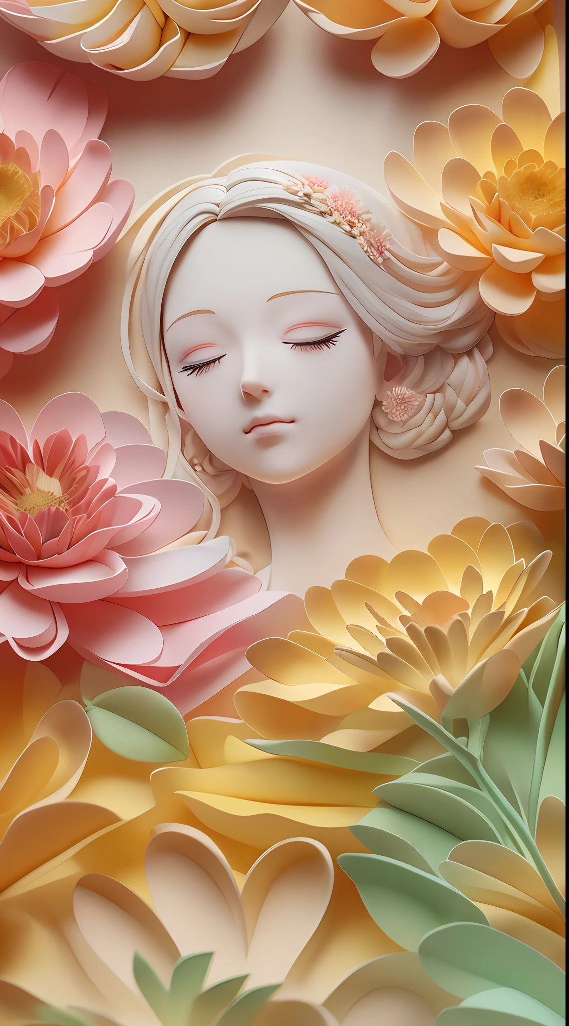 (illustration: 1.3), paper art, 3D rendering of, Colorful background, (Beautiful side face, closing her eyes: 1.3), (Rose: 1.2) (chrysanthemums: 1.2), Colorful, Best quality, Detailed details, Masterpiece, offcial art, movie light effect, 4K, Chiaroscuro , Flash