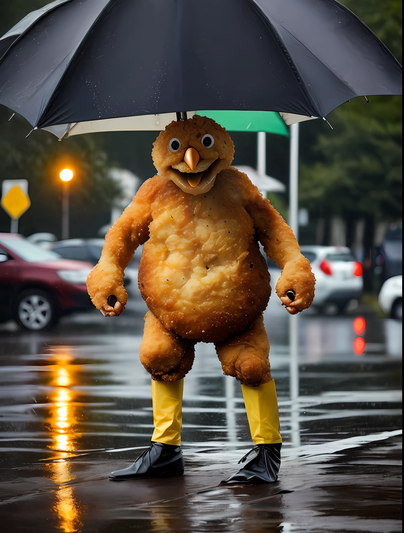 realistic photo of a fried chicken nugget hybrid standing in the rain