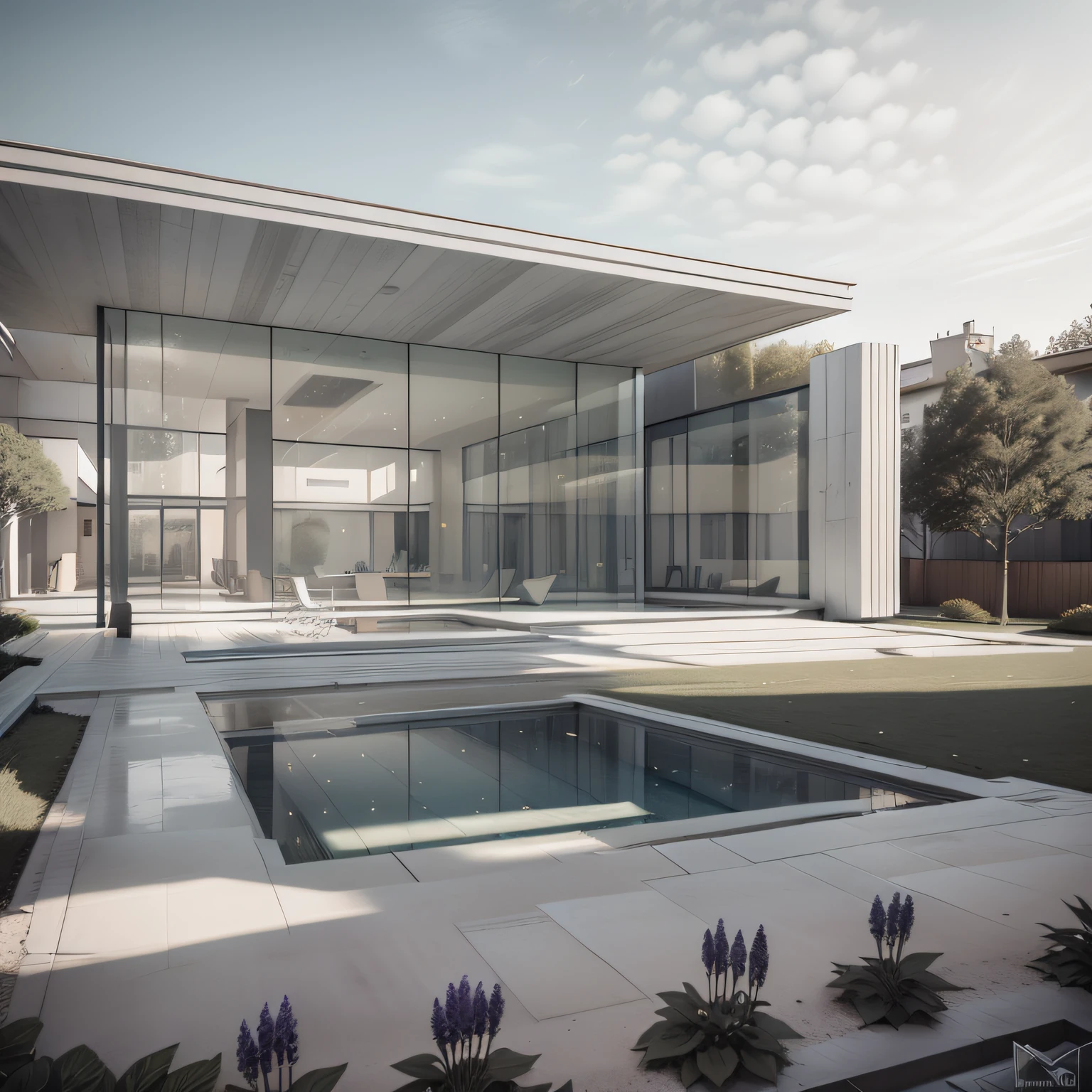 Organic modern architecture on a fairly large plot, from , there is a swimming pool in the middle of a large house of a flower, color of the house in chocolate brown and black beams, large modern residence, flat roofs and garden, render luxcore, render oktane, a photorealistic rendering, architectural rendering, mantra rendering, architectural rendering, realistic rendering, architectural visualization, wellness pool, Architectural visualization, large green zones, with small zones of lavender flowers, green shrubs type lush green garden, as well as small water mirrors, swimming pool embedded in an area of sand, olive and pine trees around the house, paddle court next to the house