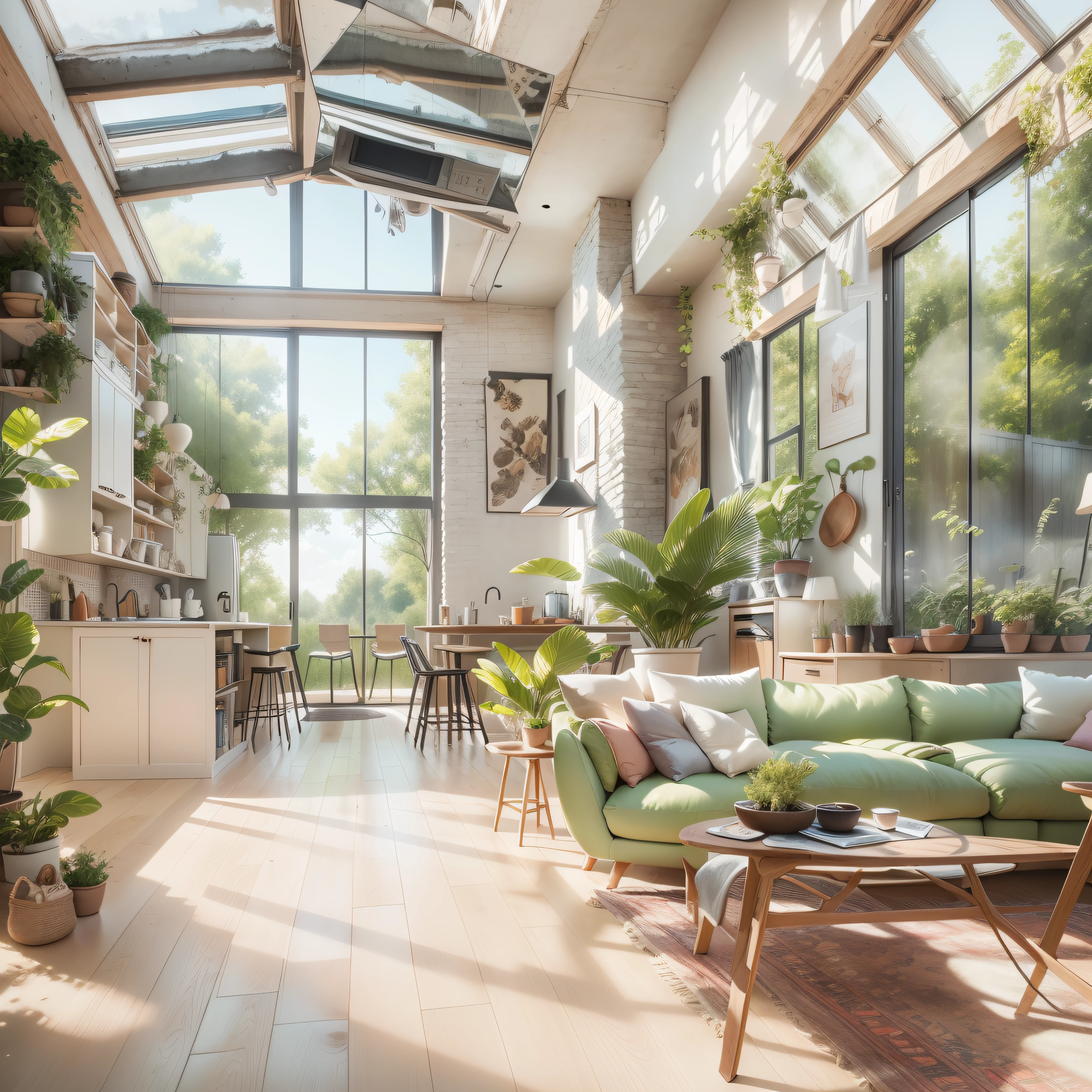 Interior Design, a perspective of of a living room and a kitchen with an island, large windows with natural light, Light colors, vegetation, modern furniture, skylight, modern minimalistic design, hyper realistic, masterpiece, highly detailed, digital painting, best quality, highres, detailed work, post-processing