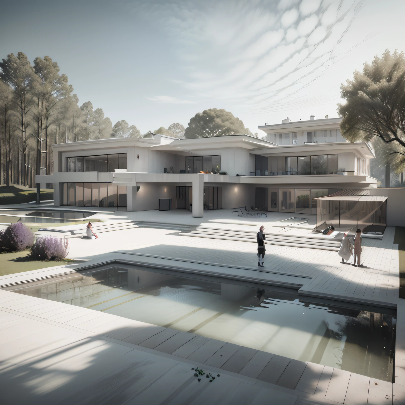 Organic modern architecture on a fairly large plot, from , there is a swimming pool in the middle of a large house of a flower, color of the house in chocolate brown and black beams, large modern residence, flat roofs and garden, render luxcore, render oktane, a photorealistic rendering, architectural rendering, mantra rendering, architectural rendering, realistic rendering, architectural visualization, wellness pool,  Architectural visualization, large green zones, with small zones of lavender flowers, green shrubs type lush green garden, as well as small water mirrors, swimming pool embedded in an area of sand, olive and pine trees around the house, paddle court next to the house