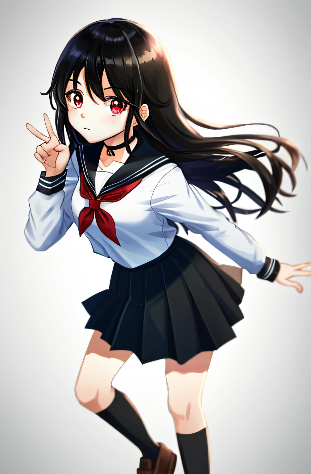 best quality, ultra high res, 1girl, school uniform, black skirt, black choker, cute, (aegyo sal:1), (black hair:1), ((puffy eyes)), looking at viewer, full body, facing front, bright red eyes, in school