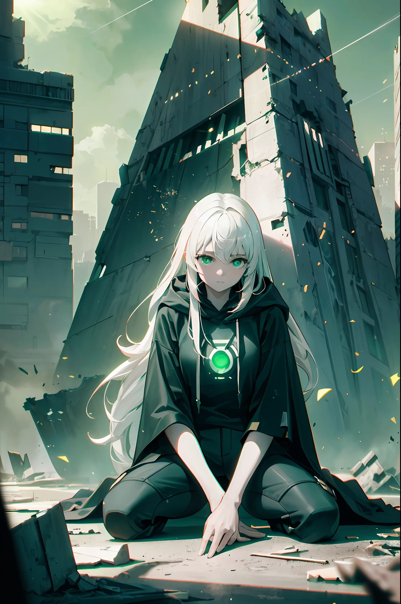 Smoke, (war:1.5), postapocalypse, ((Green Dawn:1.3)), Green sky, green light, The ruined backdrop of the city, ((spaceship in the sky)), science-fiction, (shapely body: 1.4), a 1girl, sitting on the rubble of a building, (Long white hair:1.4), (Cyan eyes), Detailed eyes and face, Black pants, black big sweatshirt, hood, Cyberpunk clothes, (clothes in black and white colors), black cloak, city   of the future, Sad look, bruises under the eyes, Destroyed skyscrapers, Wire, HDR (High Dynamic Range), ray traced, NVIDIA RTX, Over-resolution, Unreal 5, sub-surface Scattering, текстурирование PBR, postprocessed, Anisotropic filtering, Depth of field, Maximum clarity and sharpness, Multi-layer Textures, Albedo and specular maps, Surface shading,  Accurate Light-Material Interaction Simulation, Octane rendering, duotone lighting, Low ISO, White balance, the rule of thirds, Wide aperture, 8K RAW, efficient sub-pixel, sub-pixel convolution, (luminescent particles: 1.4), {{tmasterpiece, beste-Qualit, extremely detailed CGI, Unity 8k壁纸, 3d, 电影灯光, lens flares}},
