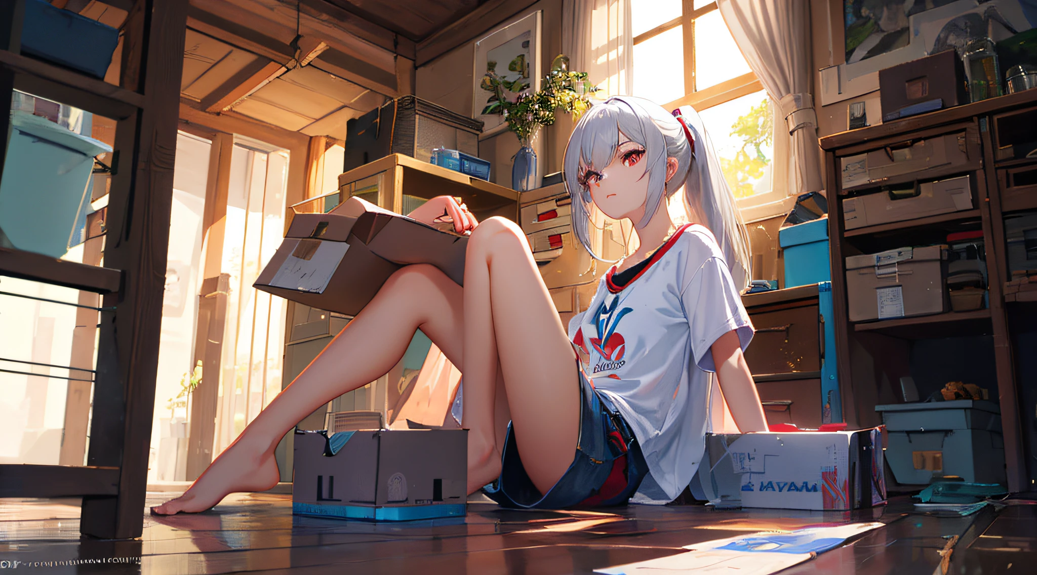 ((masterpiece))),(((best quality))),(((extremely detailed))),illustration, 1girl,solo,mysterious,vivid color,shiny, (white hair),(red eyes), full body,barefoot,ponytail hair, bedroom, badass, serious face, casual outfit, (((Box composition))), detailed eyes, hyper detailed, highly detailed, beautiful, small details, ultra detailed, best quality, intricate, 4k, 8k, good anatomy, best anatomy, beautiful lighting,