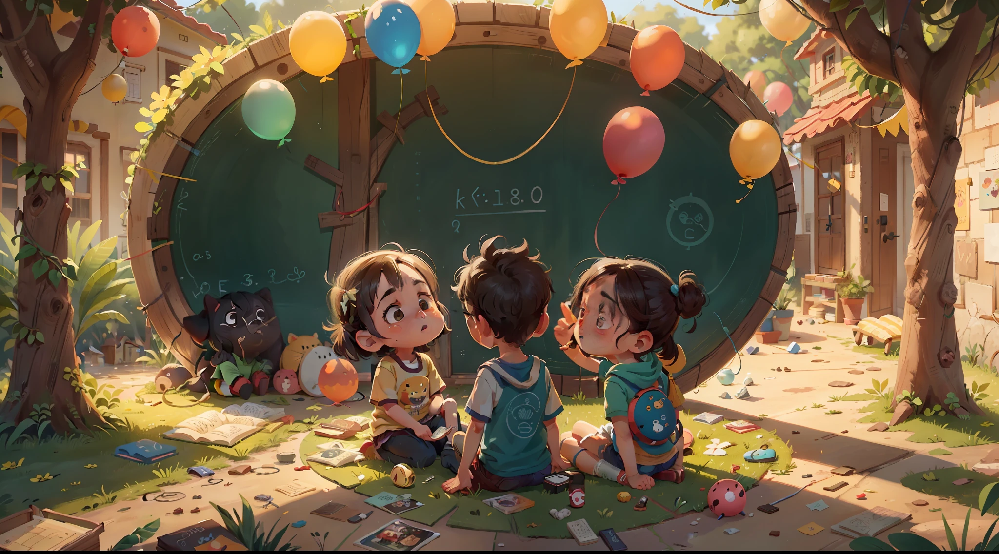 several children sitting in a circle shape listening to a teacher who is in the middle of the circle, colorful balloons floating in the sky, prado, flor, qualidade perfeita, Foco claro (mess-house: 0.8), (obra-prima: 1.2) (realista: 1.2) (Bokeh) (melhor qualidade) (pele detalhada: 1.3) (detalhes intrincados) (8k) (olhos de detalhe) (foco nítido)
