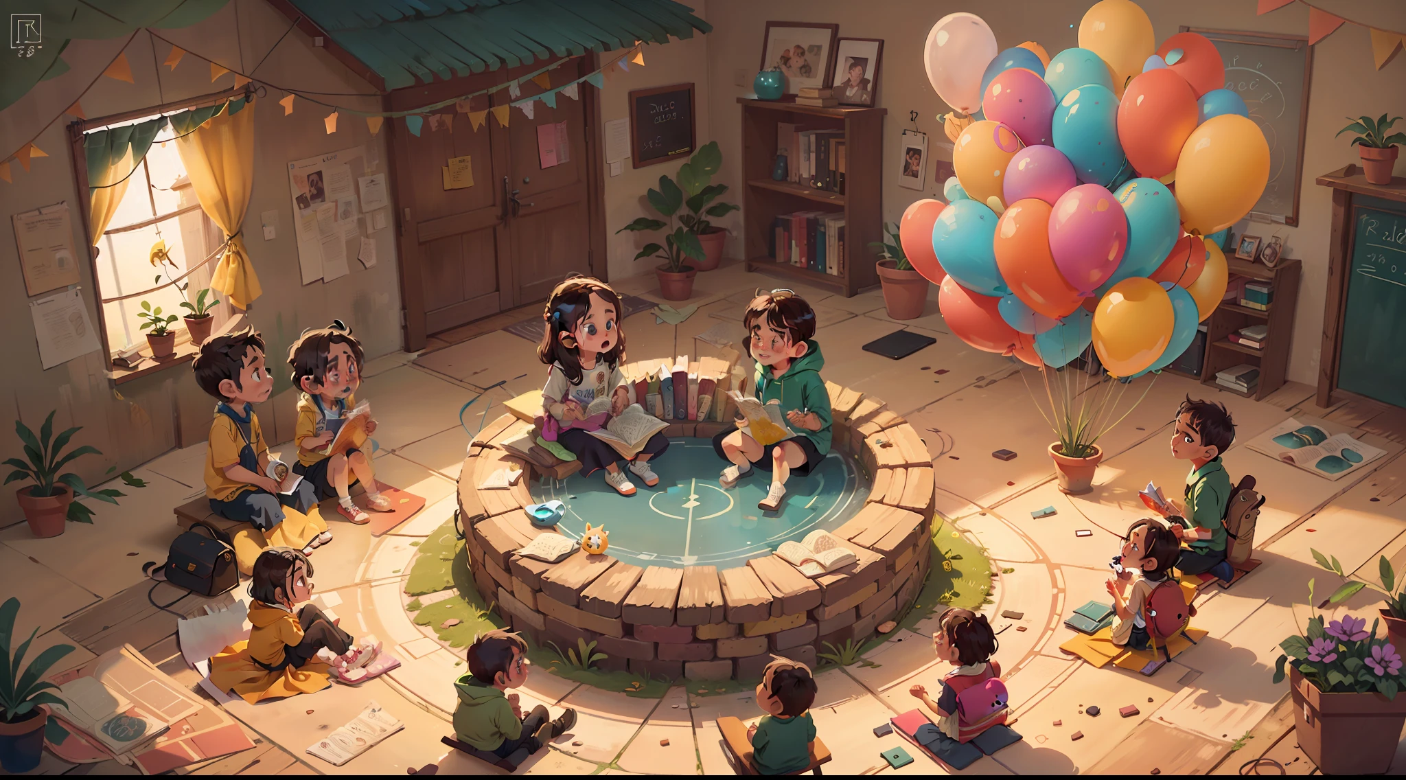 several children sitting in a circle shape listening to a teacher who is in the middle of the circle, colorful balloons floating in the sky, prado, flor, qualidade perfeita, Foco claro (mess-house: 0.8), (obra-prima: 1.2) (realista: 1.2) (Bokeh) (melhor qualidade) (pele detalhada: 1.3) (detalhes intrincados) (8k) (olhos de detalhe) (foco nítido)
