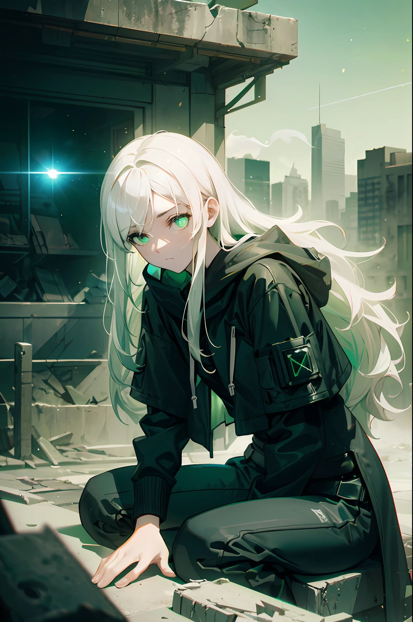 Smoke, (war:1.5), postapocalypse, ((Green Dawn:1.3)), Green sky, green light, The ruined backdrop of the city, ((spaceship in the sky)), science-fiction, (shapely body: 1.4), a 1girl, sitting on the rubble of a building, (Long white hair:1.4), (Cyan eyes), Detailed eyes and face, Black pants, black big sweatshirt, hood, Cyberpunk clothes, (clothes in black and white colors), black cloak, city   of the future, Sad look, bruises under the eyes, Destroyed skyscrapers, Wire, HDR (High Dynamic Range), ray traced, NVIDIA RTX, Over-resolution, Unreal 5, sub-surface Scattering, текстурирование PBR, postprocessed, Anisotropic filtering, Depth of field, Maximum clarity and sharpness, Multi-layer Textures, Albedo and specular maps, Surface shading,  Accurate Light-Material Interaction Simulation, Octane rendering, duotone lighting, Low ISO, White balance, the rule of thirds, Wide aperture, 8K RAW, efficient sub-pixel, sub-pixel convolution, (luminescent particles: 1.4), {{tmasterpiece, beste-Qualit, extremely detailed CGI, Unity 8k壁纸, 3d, 电影灯光, lens flares}},