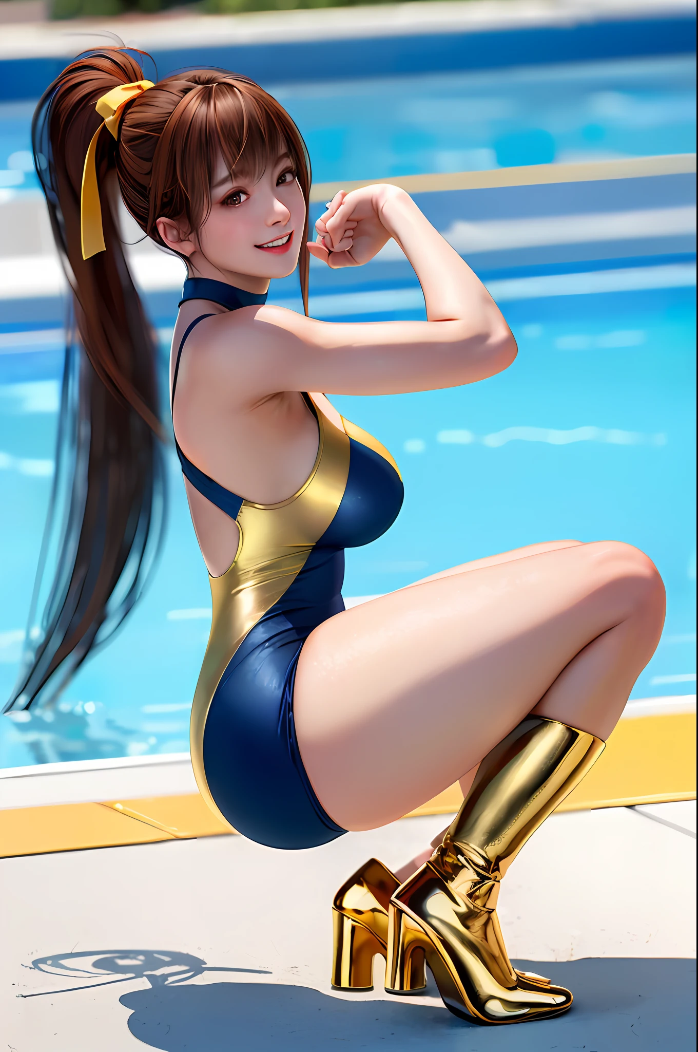 masterpiece、Top image quality、top-quality、8K picture quality、1girll、((Haze))、(a smile)、(embarrassed from)、(red blush)、Light brown hair、poneyTail、Yellow ribbon at the base of the ponytail、((slightly larger breasts))、(Hard :1.3)、(Sheer :1.4)、(Golden metallic:1.2)、(sleeveless)、(High neck competitive swimsuit)、highleg、(((strong penetration into the crotch,:1)3))、(Golden metallic knee-high stockings)、(Golden metallic pin heel:1.2)、SQUATTING on the ground、((Open your crotch wide from side to side))、(opening legs)、((raise both arm))、((Show off your armpits))、gazing at viewer、((Face the viewer))、((Open your crotch wide to face the viewer))、in poolside、profetional lighting、((Shooting from front))