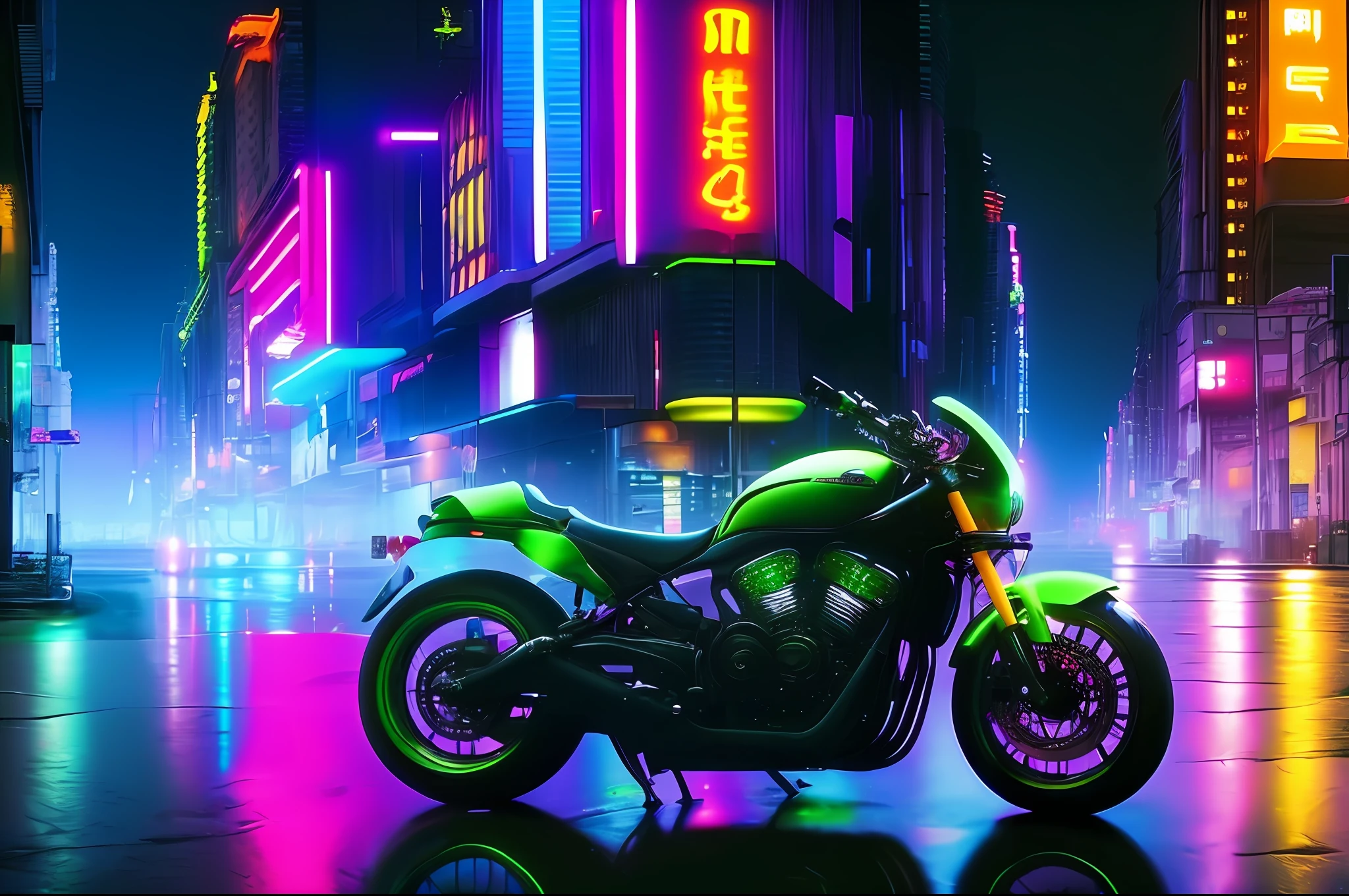 motorcycle, future, prototype, style of: 16k, Night metropolis in neon lights, Wet, cyberpunk art, acrylic art, (Realistic), dynamic, Without nations, Raw, ...SVG,