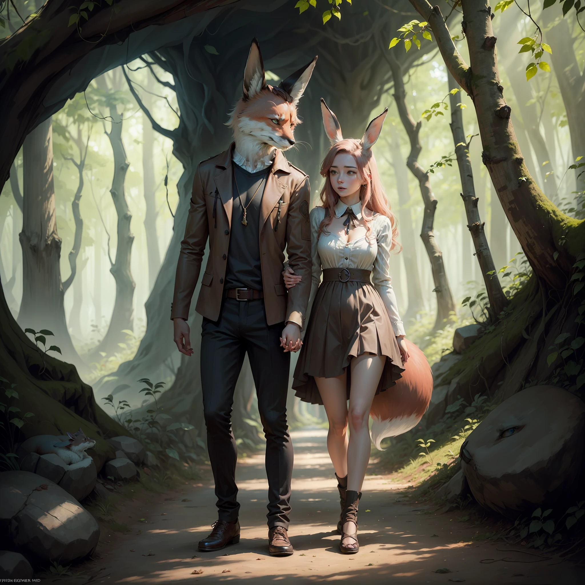 "An enchanting realism masterpiece capturing the mischievous male fox holding hands with the oblivious young beautiful female rabbit, rabbit head with woman body,as they make their way towards a dark cave in an enchanted forest. HD quality with stunning anime-style details."