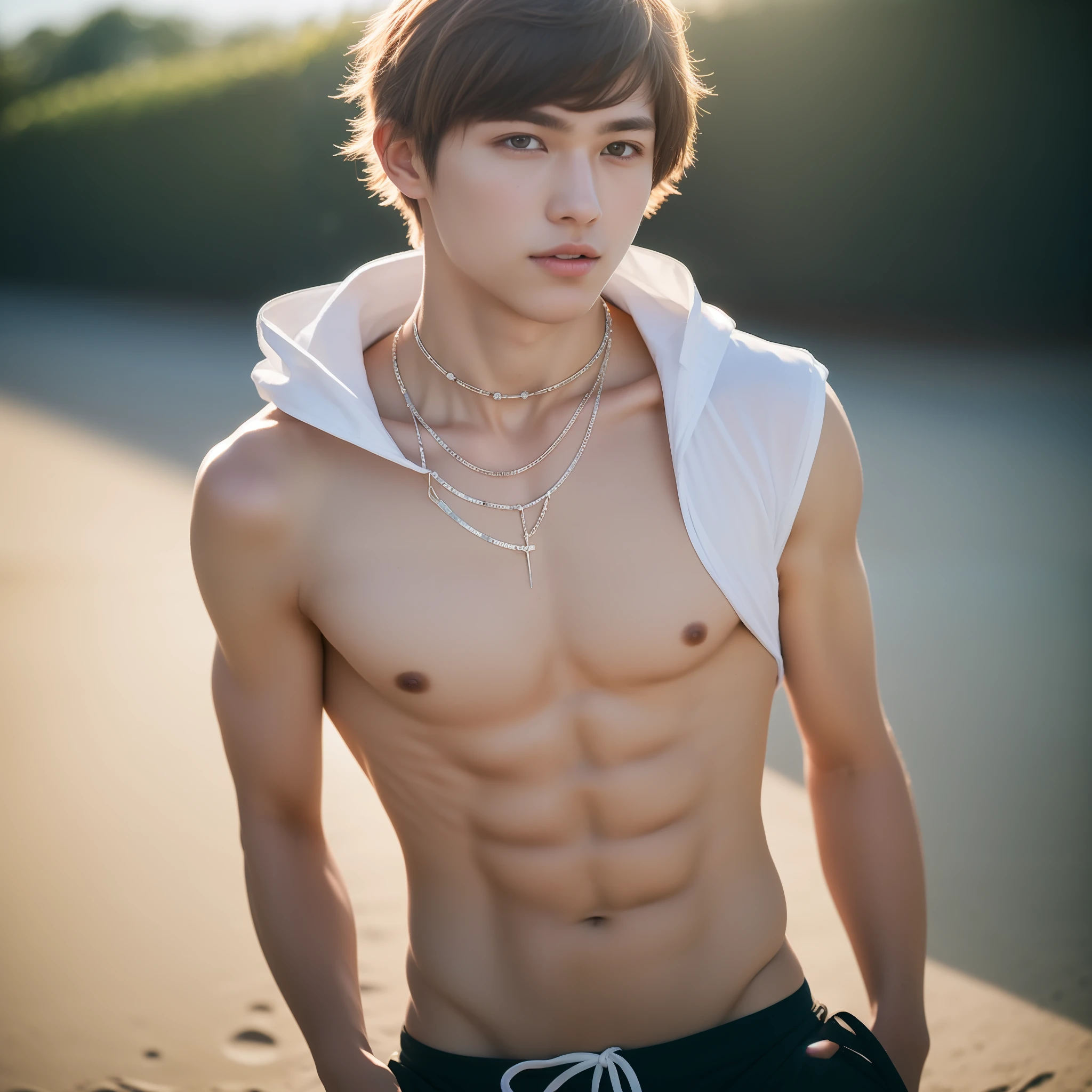 Superb, stunning, ultra high image quality, realistic, a 18 yo boy, (beautiful face 1.4), (big, constricted waist), blond hair, beach, surf pants, necklace, bokeh, beautiful light, shiny skin, small head, shirtless,muscle, arm muscle