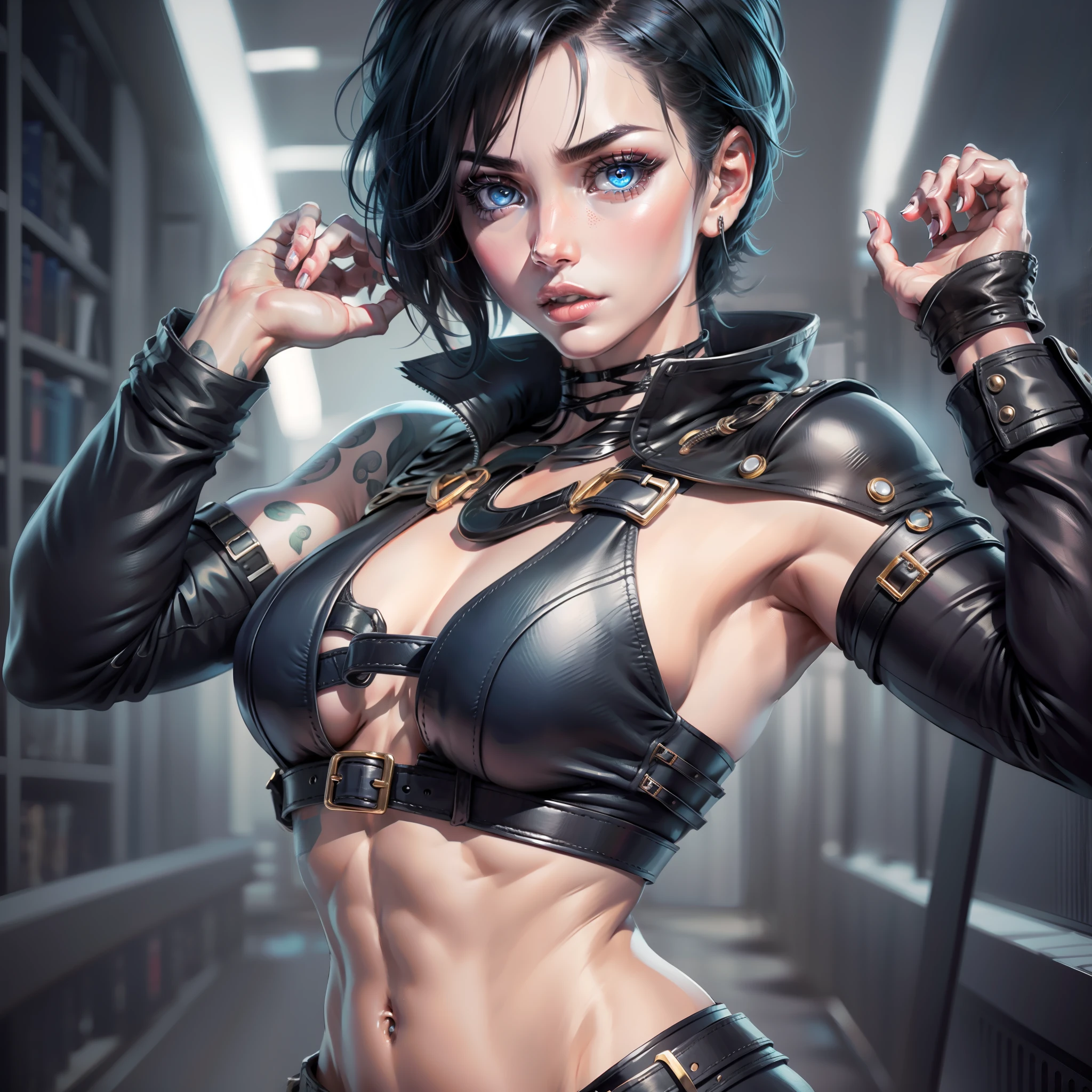handsome girl, beautiful blue eyes, short black hair, muscular figure, black leather clothing, the night, ultra quality,