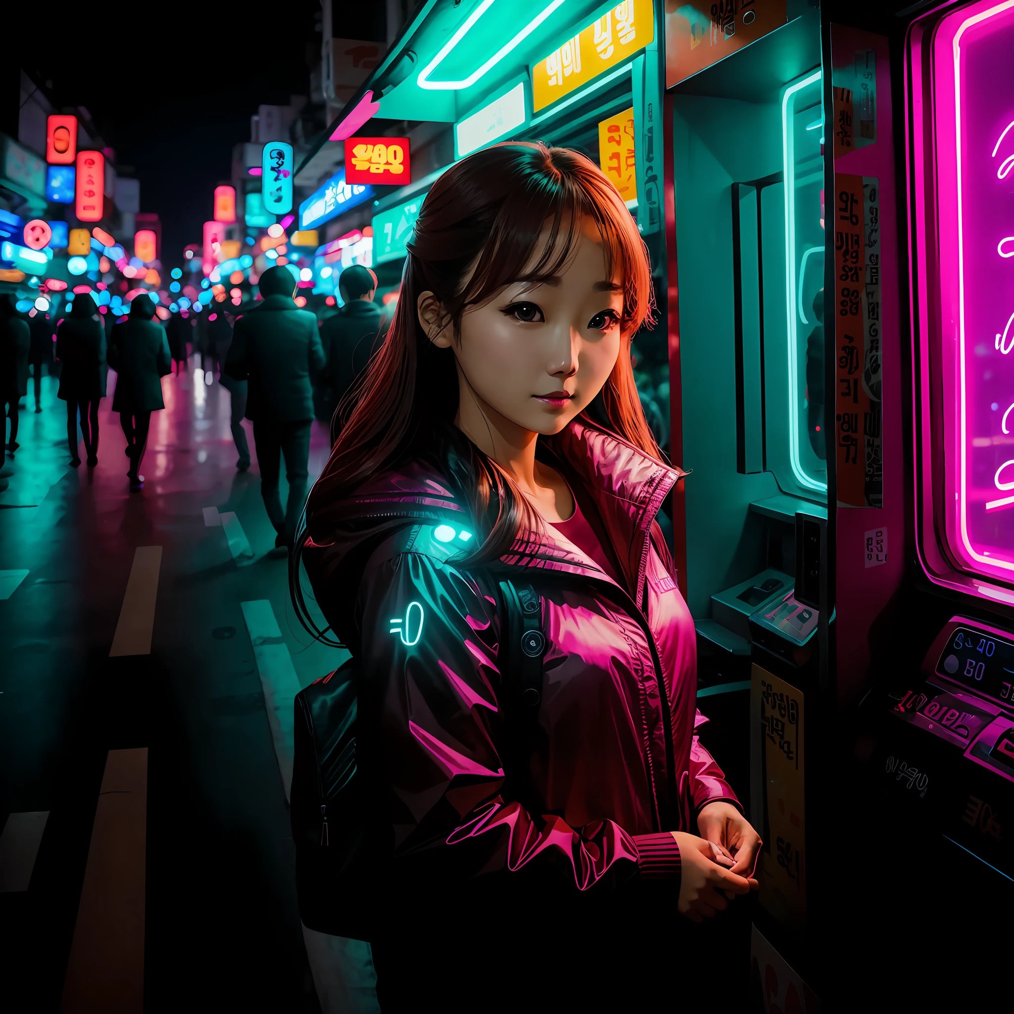 30 year old Park Min-young in night time Seoul, neon, glowing, backlit, photo, Canon EOS 250D, F11, ISO 100, 85mm lens, shutter speed 1/60, photograph