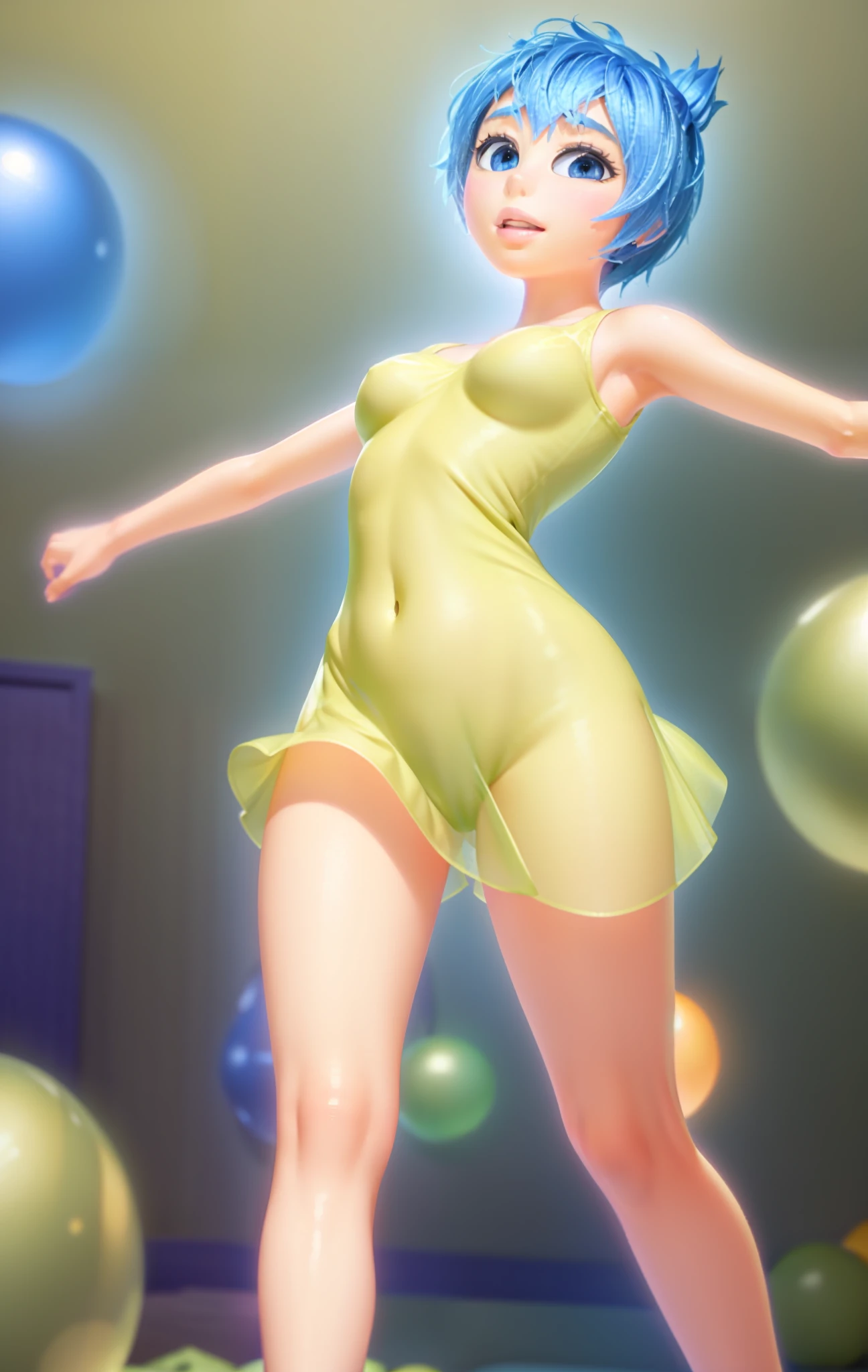 Masterpiece, Best Quality, (joying_Inside out, yellow skin, ), Happy, wet transparent mini green dress, Pixar, cartoony, 3D Rendering, little chest, sexy expression, bare footed, panty, showing panties, panties visible, ((Masterpiece)),((Best Quality)),absurdress, Sunlight, (half closed eyes:0.4), (parted lips:1.4), (nose blush:1.2), slight smile, breasts visible, Showing breasts, detailed between legs, (((from below))), foreshortening, (seductive pose), looking at viewer, blackcutoffs, (eye contact), masterpiece, high contrast, best quality, ultra high res, high resolution, detailed, in a ball pit, glowing spheres, butt POV, view from behind