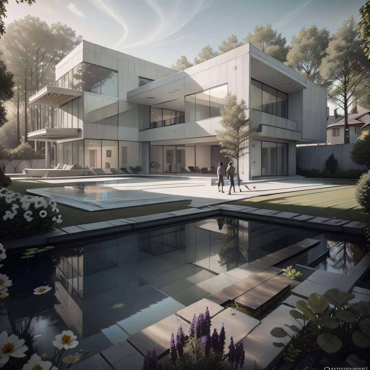 Organic modern architecture on a fairly large plot, from , there is a swimming pool in the middle of a large house of a flower, color of the house in chocolate brown and black beams, large modern residence, flat roofs and garden, render luxcore, render oktane, a photorealistic rendering, architectural rendering, mantra rendering, architectural rendering, realistic rendering, architectural visualization, wellness pool, Architectural visualization, large green zones, with small zones of lavender flowers, green shrubs type lush green garden, as well as small water mirrors, swimming pool embedded in an area of sand, olive and pine trees around the house, paddle court next to the house