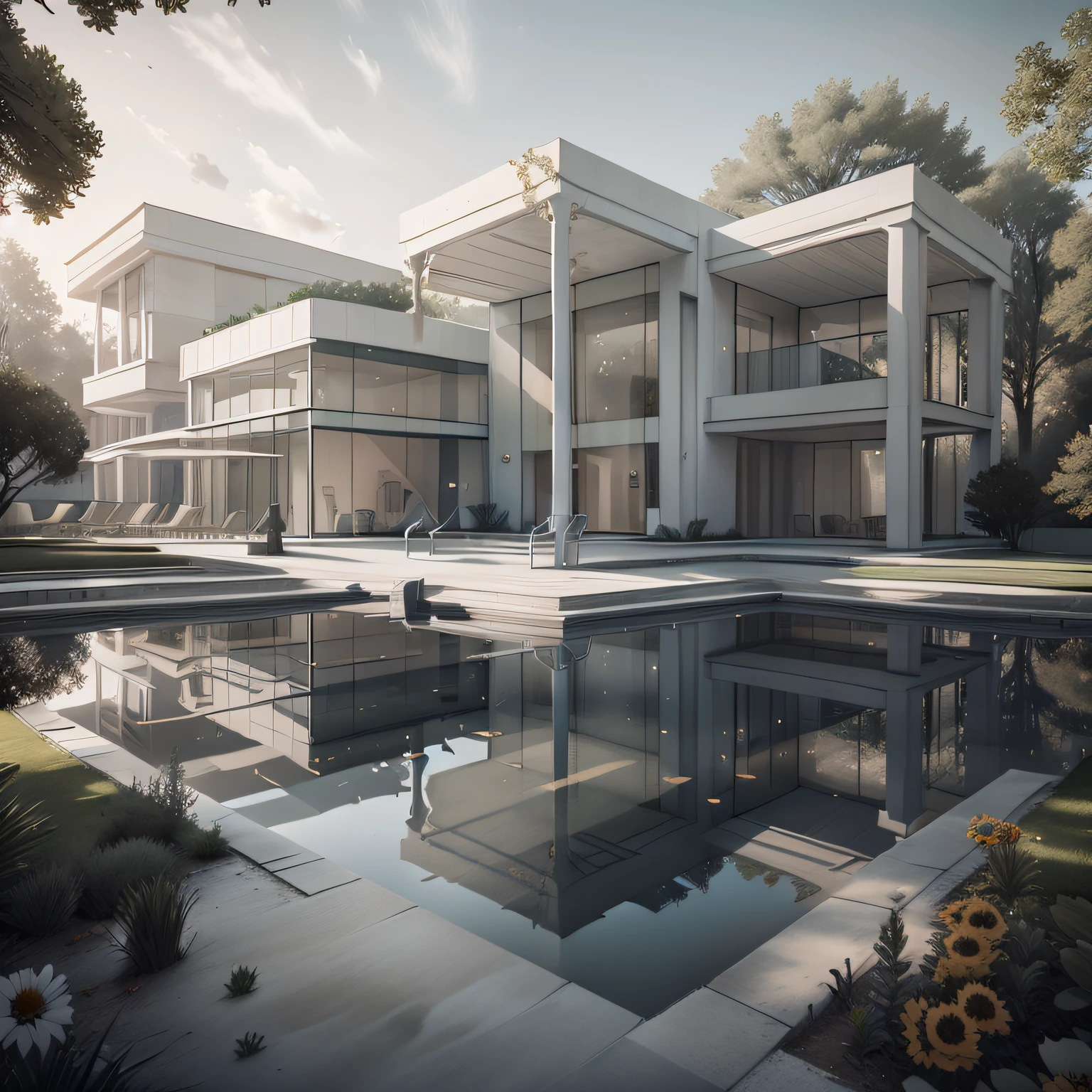 Organic modern architecture on a fairly large plot, from , there is a swimming pool in the middle of a large house of a flower, color of the house in chocolate brown and black beams, large modern residence, flat roofs and garden, render luxcore, render oktane, a photorealistic rendering, architectural rendering, mantra rendering, architectural rendering, realistic rendering, architectural visualization, wellness pool,  Architectural visualization, large green zones, with small zones of lavender flowers, green shrubs type lush green garden, as well as small water mirrors, swimming pool embedded in an area of sand, olive and pine trees around the house, paddle court next to the house