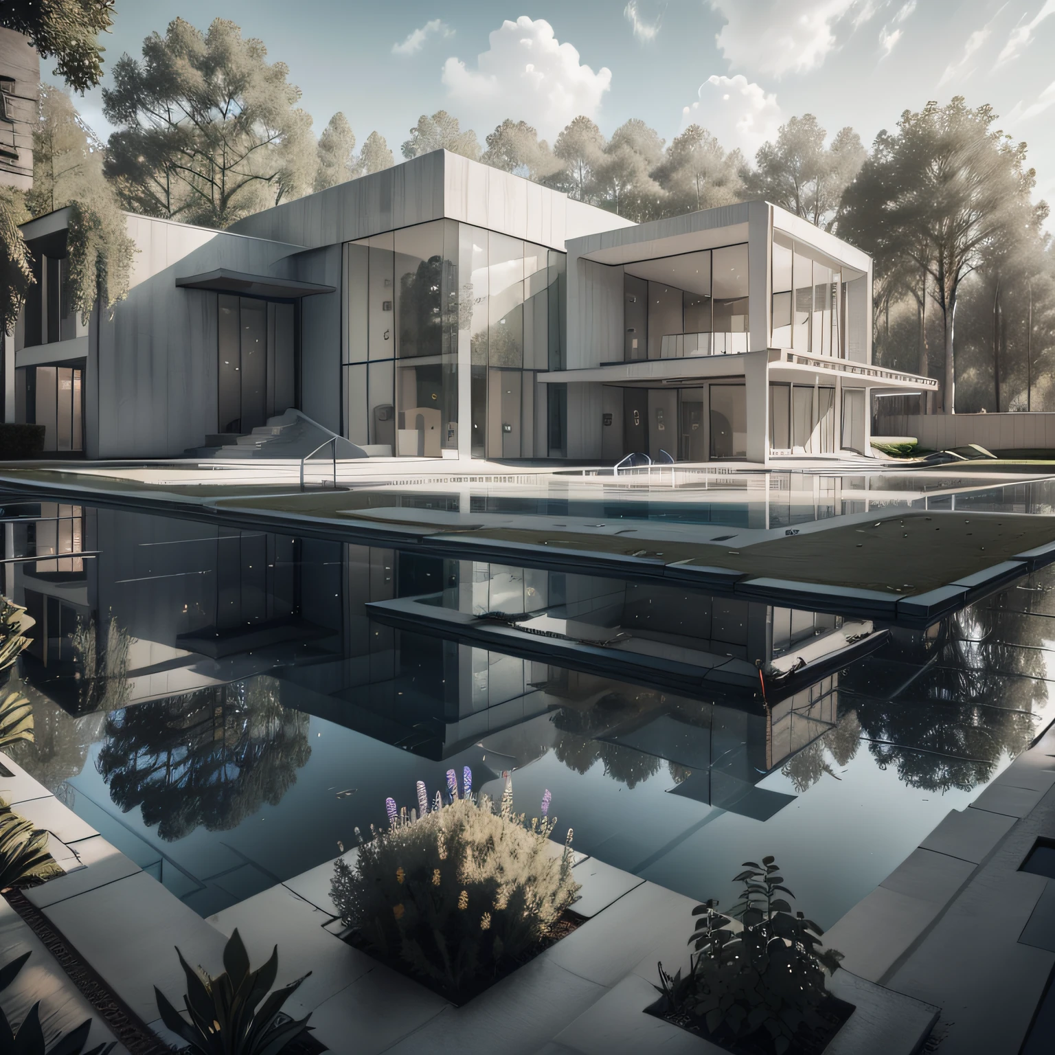 Organic modern architecture on a fairly large plot, from , there is a swimming pool in the middle of a large house of a flower, color of the house in chocolate brown and black beams, large modern residence, flat roofs and garden, render luxcore, render oktane, a photorealistic rendering, architectural rendering, mantra rendering, architectural rendering, realistic rendering, architectural visualization, wellness pool, Architectural visualization, large green zones, with small zones of lavender flowers, green shrubs type lush green garden, as well as small water mirrors, swimming pool embedded in an area of sand, olive and pine trees around the house, paddle court next to the house