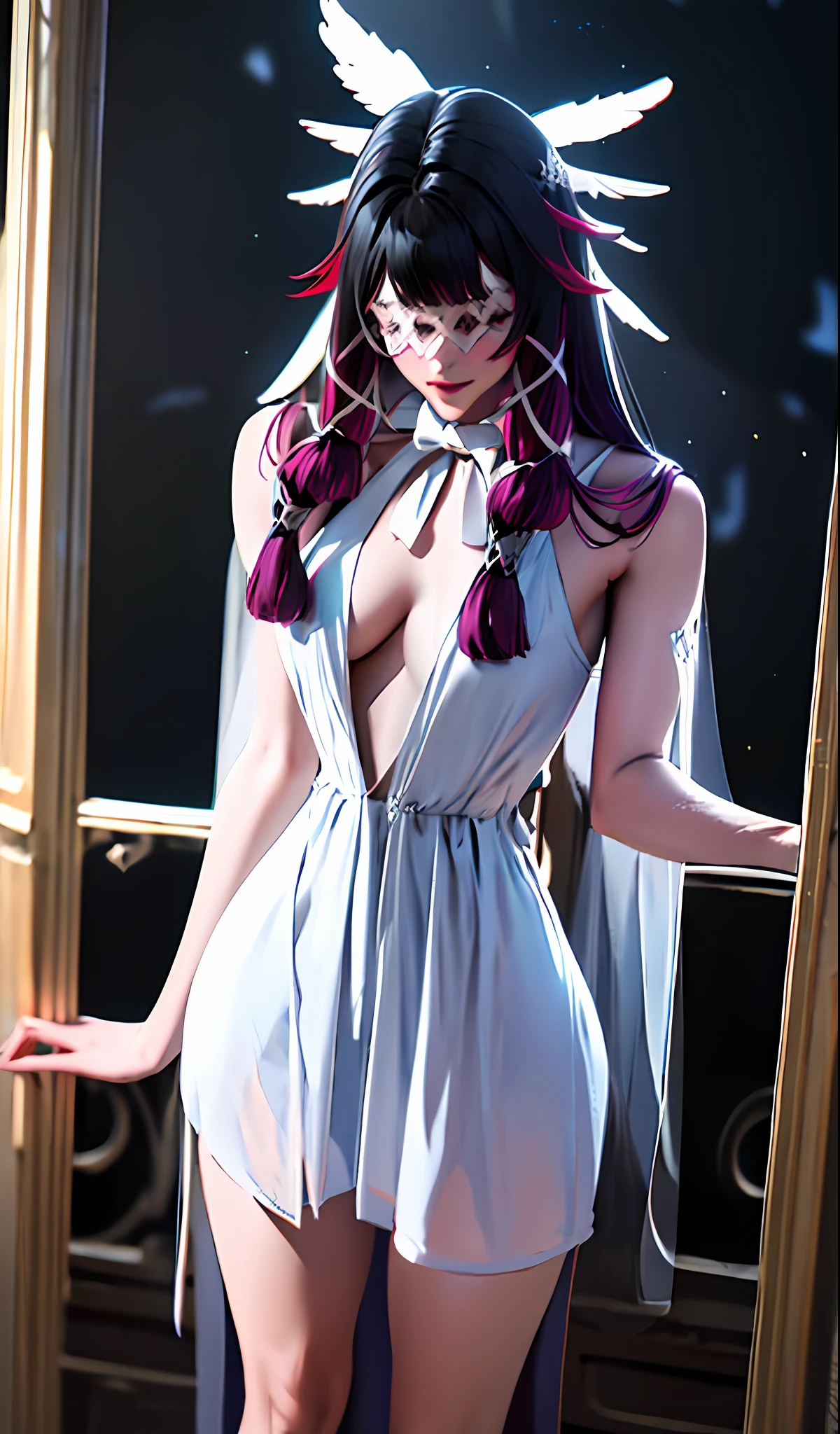 ((tmasterpiece,best qualtiy)),perfect detail,Unity 8k壁纸,offcial art,Genshin Impact,Young and beautiful girl,独奏 , flatchest,shiny skins,Gorgeous Hair in Long Purple,Exquisite Hair,Short smile,eye closeds,Keep your eyes closed,((White grid-like veil)),A shy expression , sexyposture,(Perfect Finger),seduce,seductiv,standing on your feet,In the background is a fantastic church,As estrelas,themoon,thin fog,rim-light,Realistic light and shadow,closeup cleavage, Head wings, White silk long legs, Beth, Pointy ears