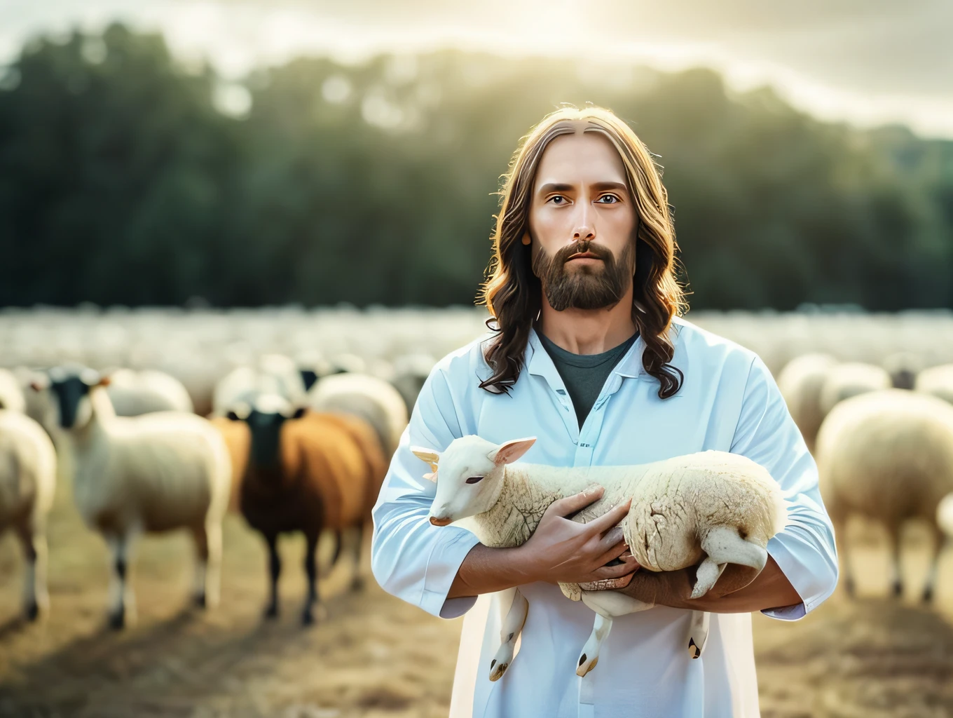 Jesus holding a little sheep, dressed in a white tunic,
dramatic lighting, field image